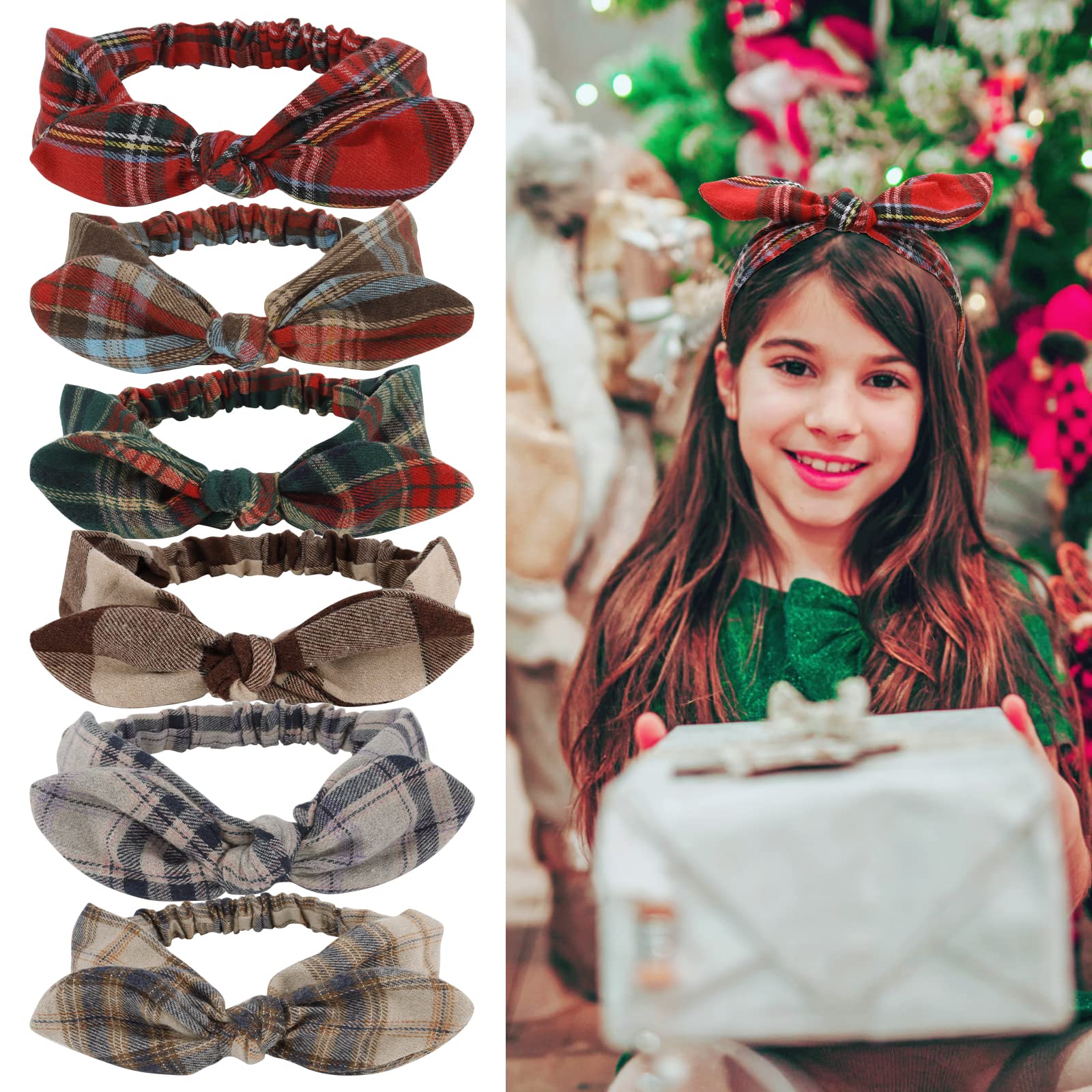 CUBACO Christmas Headbands for Women 6pcs Plaid Headbands Bunny Hair Bands, Elastic Headband for Girls Top Knot Headband for women Red Bandanas Christmas Hair Accessories Rabbit Ear Headbands