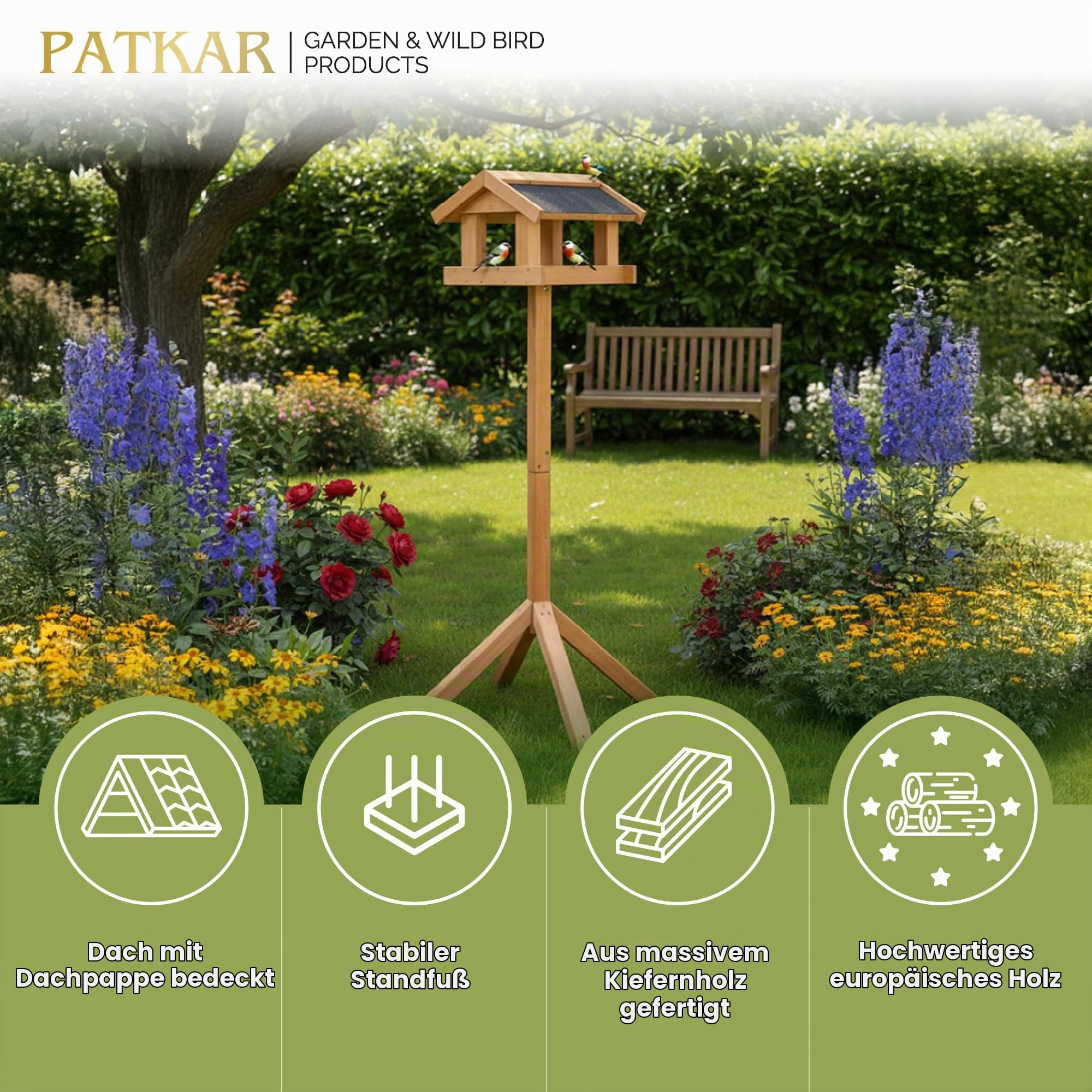 PATKAR Vogelhaus Futterhaus für Vögel mit Ständer aus Kieferholz - Vogelfutterstation Vogelfutterhaus für Singvögel Wildvögel Vogel Futterstation + 500g Futter Gratis
