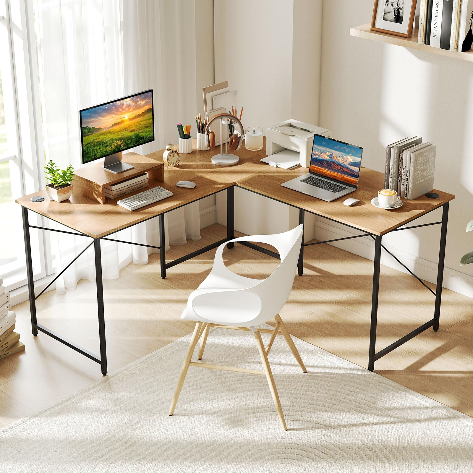 COSTWAY Escritorio de Ordenador en Forma de L, 3 Orificios para Cables, Estante Extra, 2 Formas, Mesa de Trabajo de 2 Personas，Mesa Escritorio Esquina Gaming, 240x60x74,5cm (Natural)