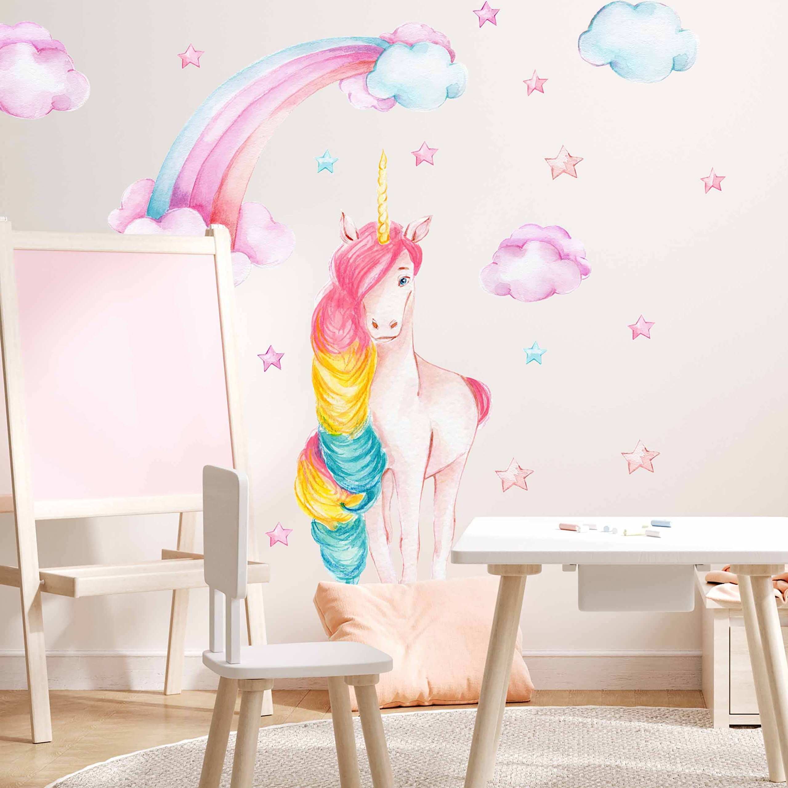 WANDKIND Einhorn mit Regenbogen Wandtattoo Kinderzimmer V380 | handgezeichnet | AUFKLEBER Kindergarten | Babyzimmer Wandsticker Unicorn (100 x 100 cm)
