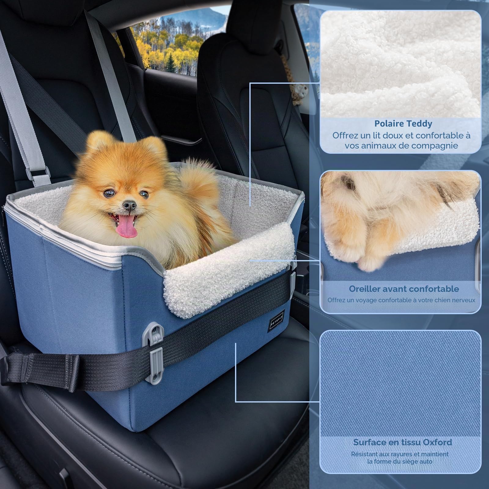 PETSFIT Siège rehausseur de voiture pour chien de taille moyenne avec 2 laisses de sécurité à clipser, boucles brevetées, siège rehausseur pour animaux de compagnie (bleu neuf, taille S)