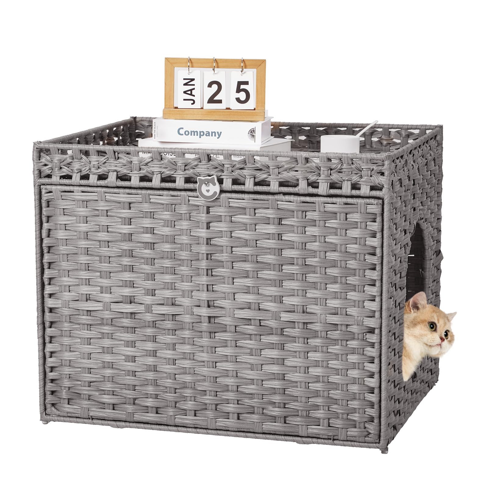 Verstecktes Katzenklo-Möbelstück aus Rattan, Großes Rattan-Katzenhaus mit Katzenklo Matte, Spritz und Geruchsdichtes, Doppelstöckiges Katzenhaus für Wohnzimmer, 70x53x56cm