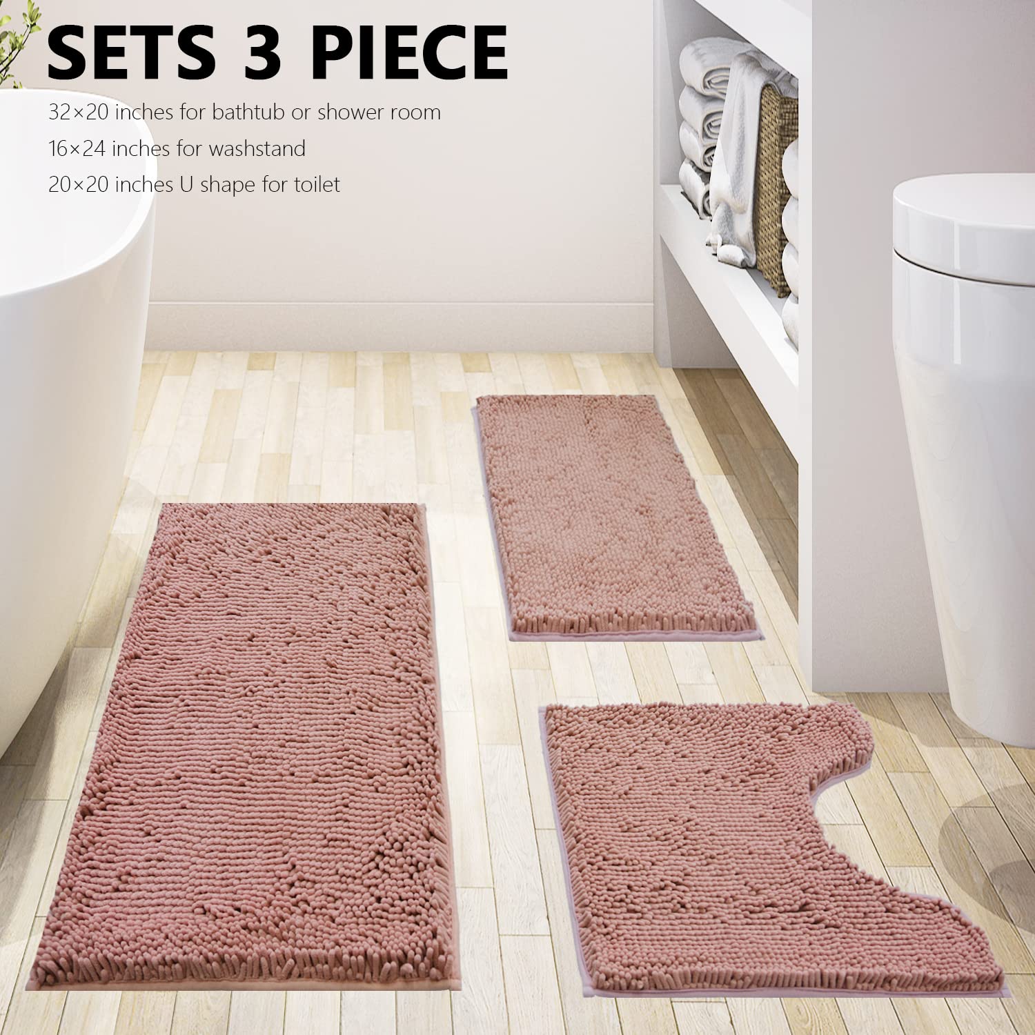 Juego De 3 Alfombrillas De Baño De Felpilla Extra Suave - Absorbente, Base Antideslizante PVC, Lavable A Máquina, Color Rojo Rosa