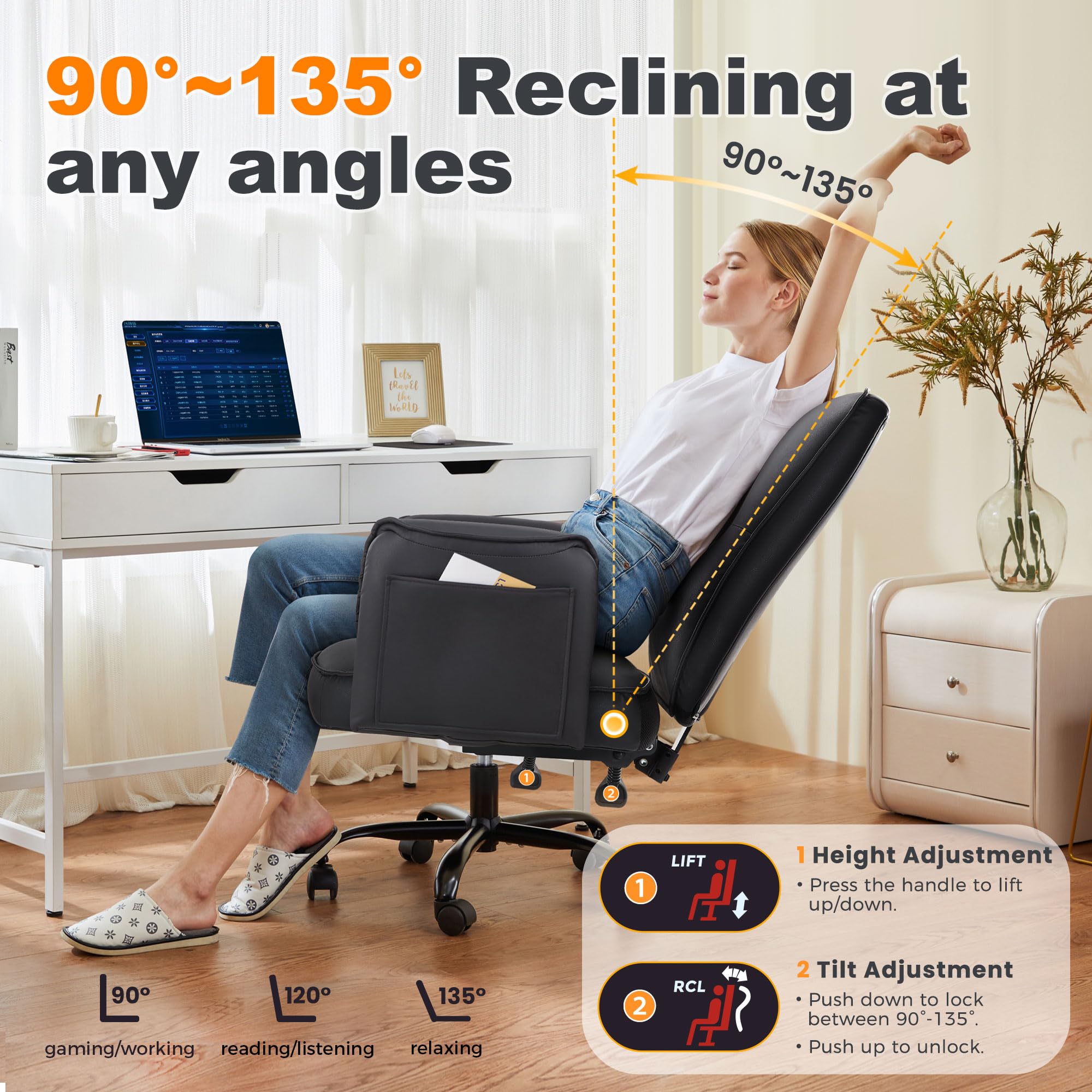 IWMH Bürostuhl,PU Leder Schreibtischstuhl, 90-135° Reclining Drehstul | Breiten Sitz Chefsessel mit Rollen,Schminktisch Stuhl Höhenverstellbarer mit Armlehne für Büro,Homeoffice(Braun)