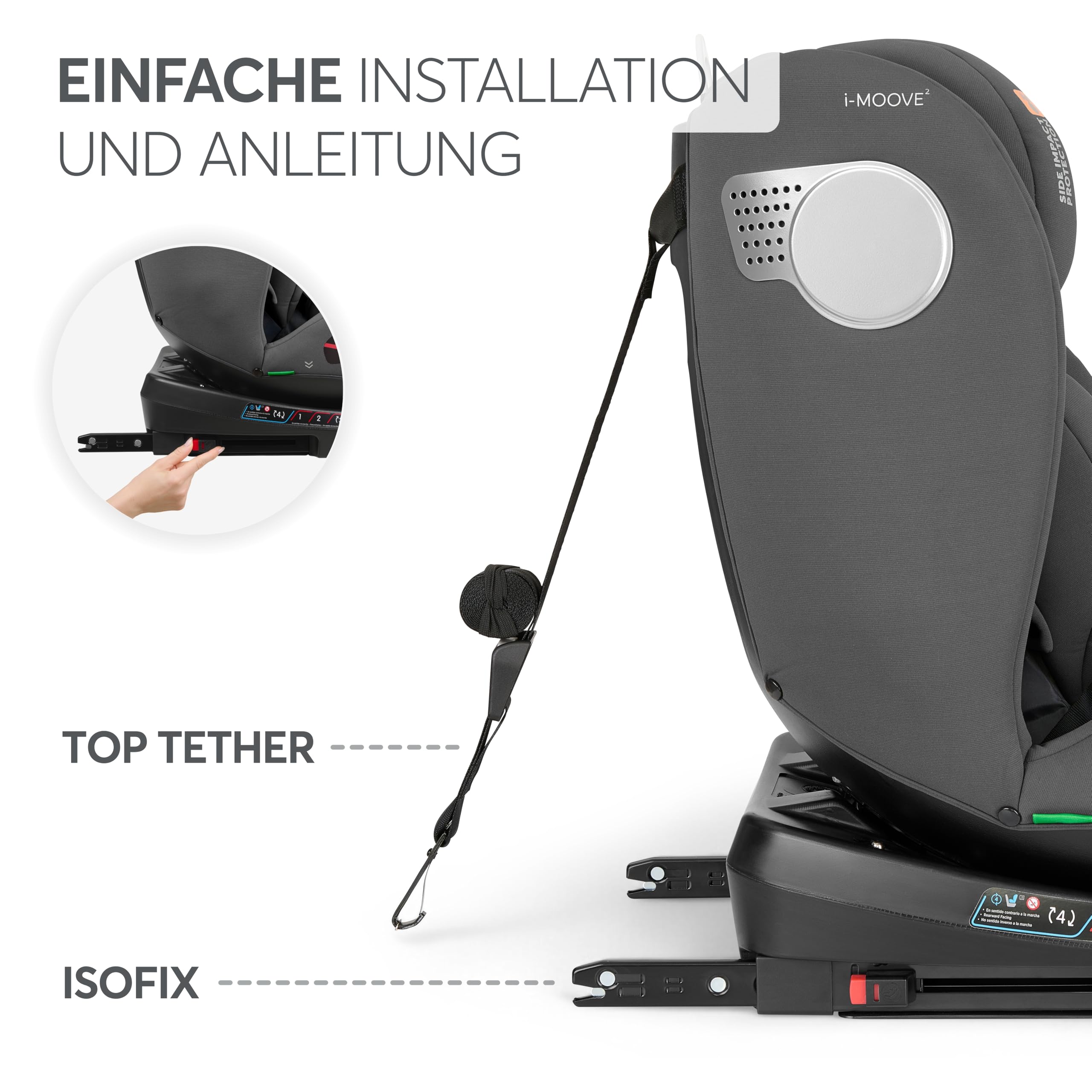 KikkaBoo Kindersitz 9-36 kg mit ISOFIX & 360° Drehung i-MOOVE 2, i-SIZE, 40-150 cm Reboarder, Rückwärts/Vorwärtsgerichtet, Verstellbare Kopfstütze, Liegefunktion, Dunkelgrau