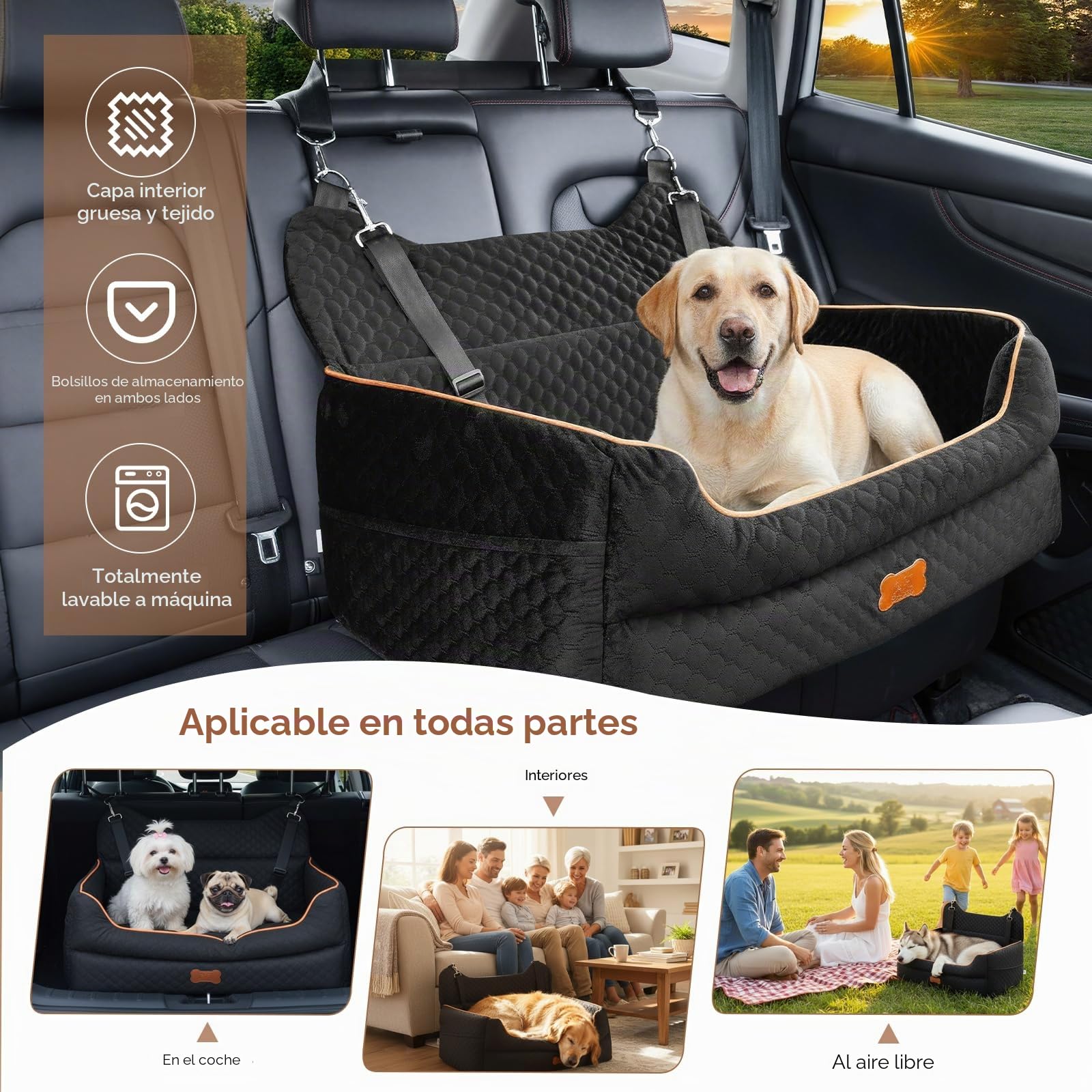 Protector de Asiento de Coche para Mascota, Pecute Asiento de Coche para Perro, Extra Estable Refuerzo de Coche para Perros Grande Mediano Pequeño(70x60x30cm)