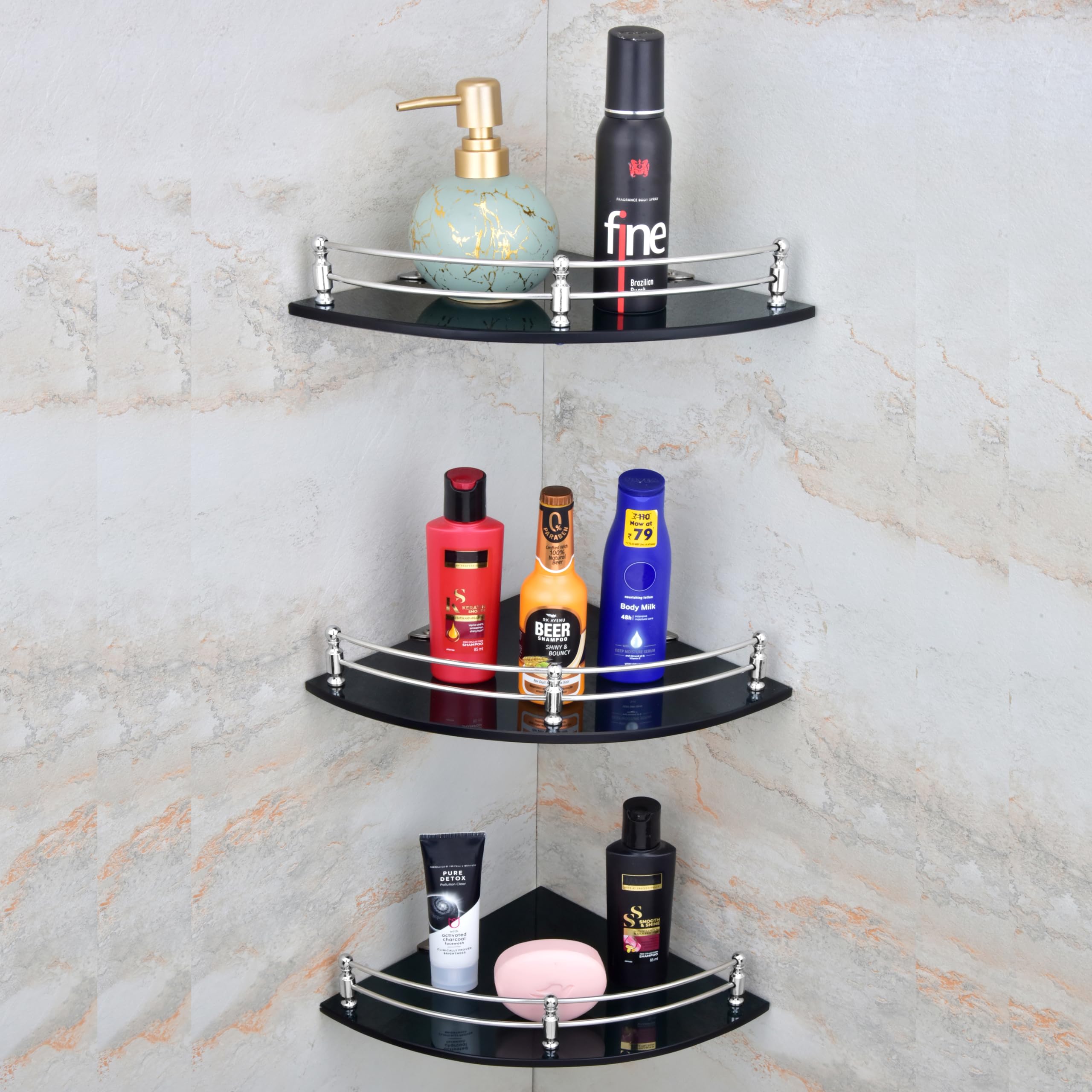 MOTIQO Round Black Glass Corner Shelf for Bathroom, Bathroom Shelf for Wall, Racks and Shelves, Bathroom Organizer and Accessories (9x9 Inches,Set-3) (B09QBZKW2T) Amazon Price History, Amazon Price Tracker