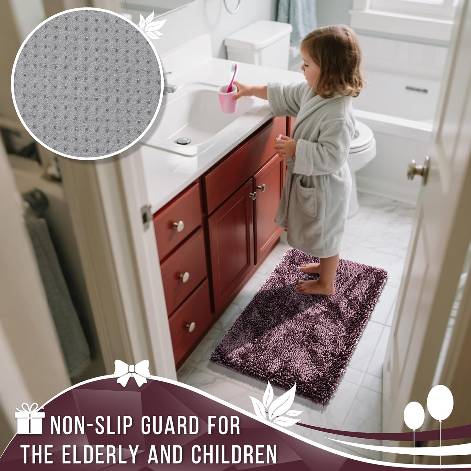 Yimobra Bathroom Rugs Sets 2 Piece, Soft Absorbent Bath Mat and U-Shaped Toilet Rug with Non Slip Backing, Luxury Shaggy Bath Mats for Bathroom, Machine Washable, 31.5"x20"+24"x20", Dark Purple - Image 5