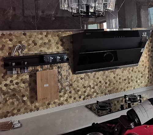 Miniatura 3 de XUANINY 5 azulejos de metal para despegar y pegar, adhesivo de mosaico de aluminio para decoración de pared de cocina, diseño hexagonal esmerilado