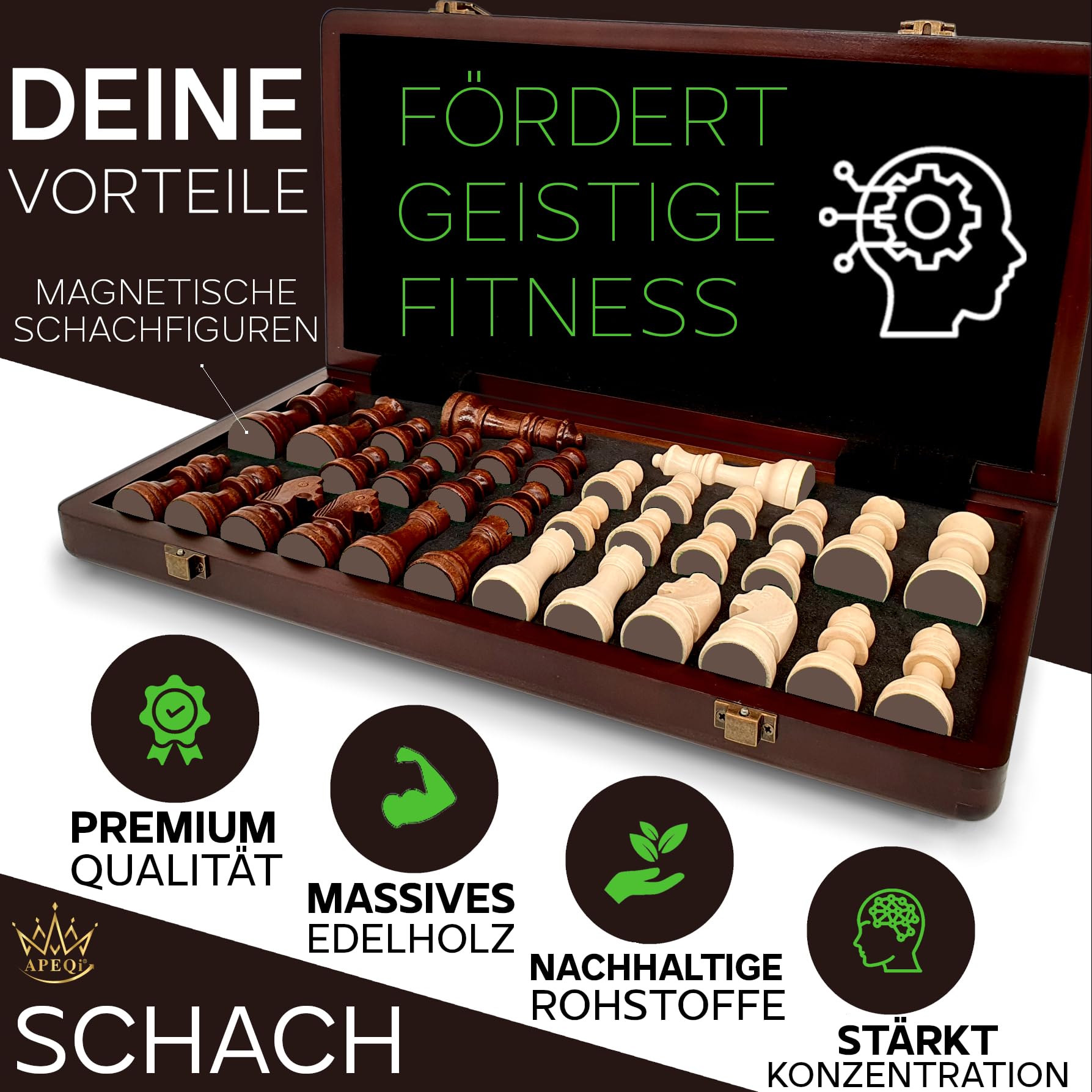 APEQi® Premium Schach MAGNETISCH - Schachspiel Holz HOCHWERTIG - [38x38cm], Massivholz, 2 EXTRA-Damen, Geschenkidee - Schachbrett Holz hochwertig - Chess Board 34 Schachfiguren Reiseschach magnetisch