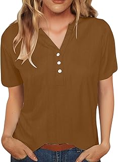 Blusas de lino y algodón de manga corta para mujer, camiseta con luces LED, color sólido, cómoda, para primavera, informal, para mujer