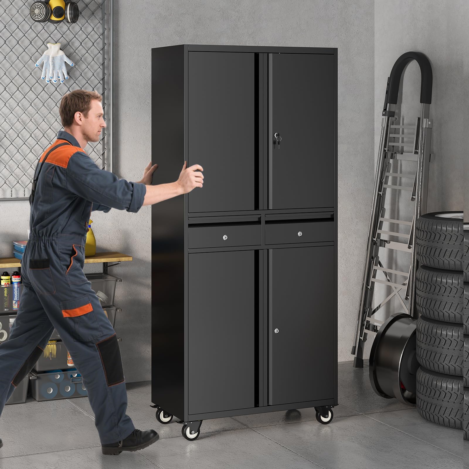 Werkzeugschrank aus Metall auf Rollen – 2 Schubladen, verstellbare Einlegeböden, abschließbare Türen – Robuster Aktenschrank für Garage, Zuhause, Büro, Werkstatt – praktisch und sicher