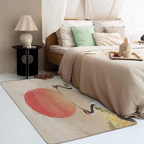 Miniatura 3 de Alfombra japonesa de 3 x 5 pies, alfombra de estilo asiático para dormitorio, sala de estar, entrada, alfombra pequeña con patrón de grúa solar,