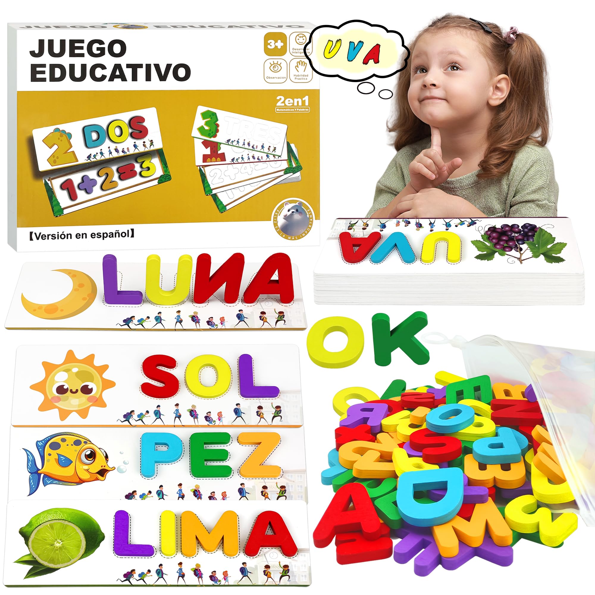 Juego de Educativo Letras Alfabetización Español con 64 Doble-cara Tarjetas Flash Aprender a Leer Juguetes Montessori Juguete para 3 4 5 Años Preescolar Regalos Cumpleaños Educativo Juguetes Infantile