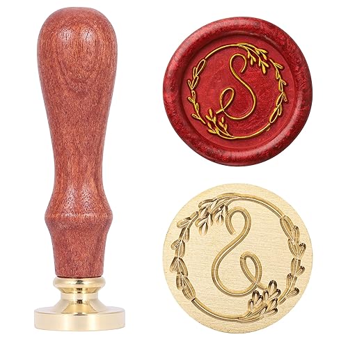 Yoption Sello de cera escrito a mano, letra S, alfabeto inicial vintage con sello de cera de sellado de rama de olivo