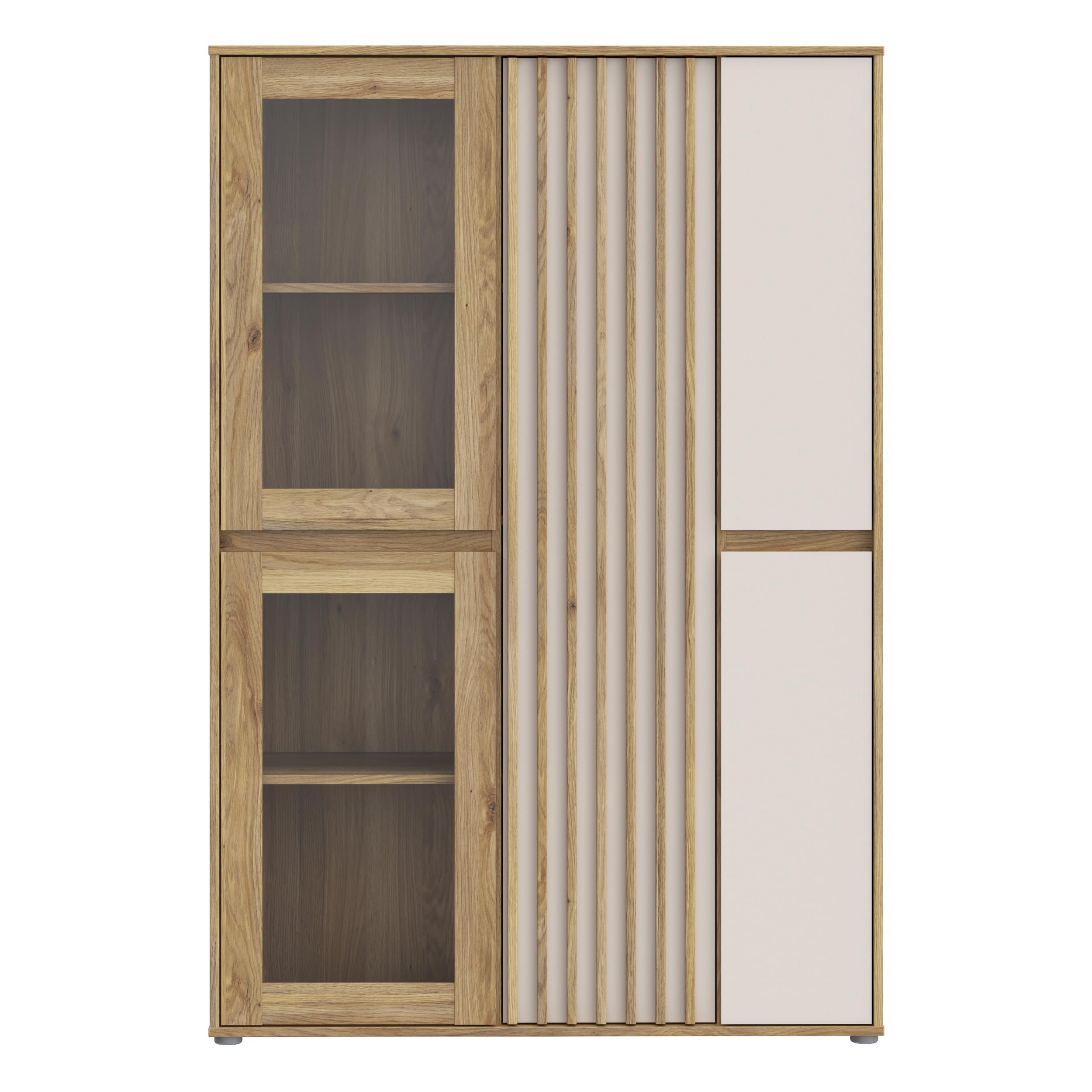 Forte ELISTON Vitrine 100 110, moderner Schrank mit Lamellendesign, 5-türig, Wohn-/Schlafzimmer, Mauvella Eiche Holzdekor|Kashmir Beige, 109,3 cm breit x 161,7 cm hoch x 41,5 cm tief