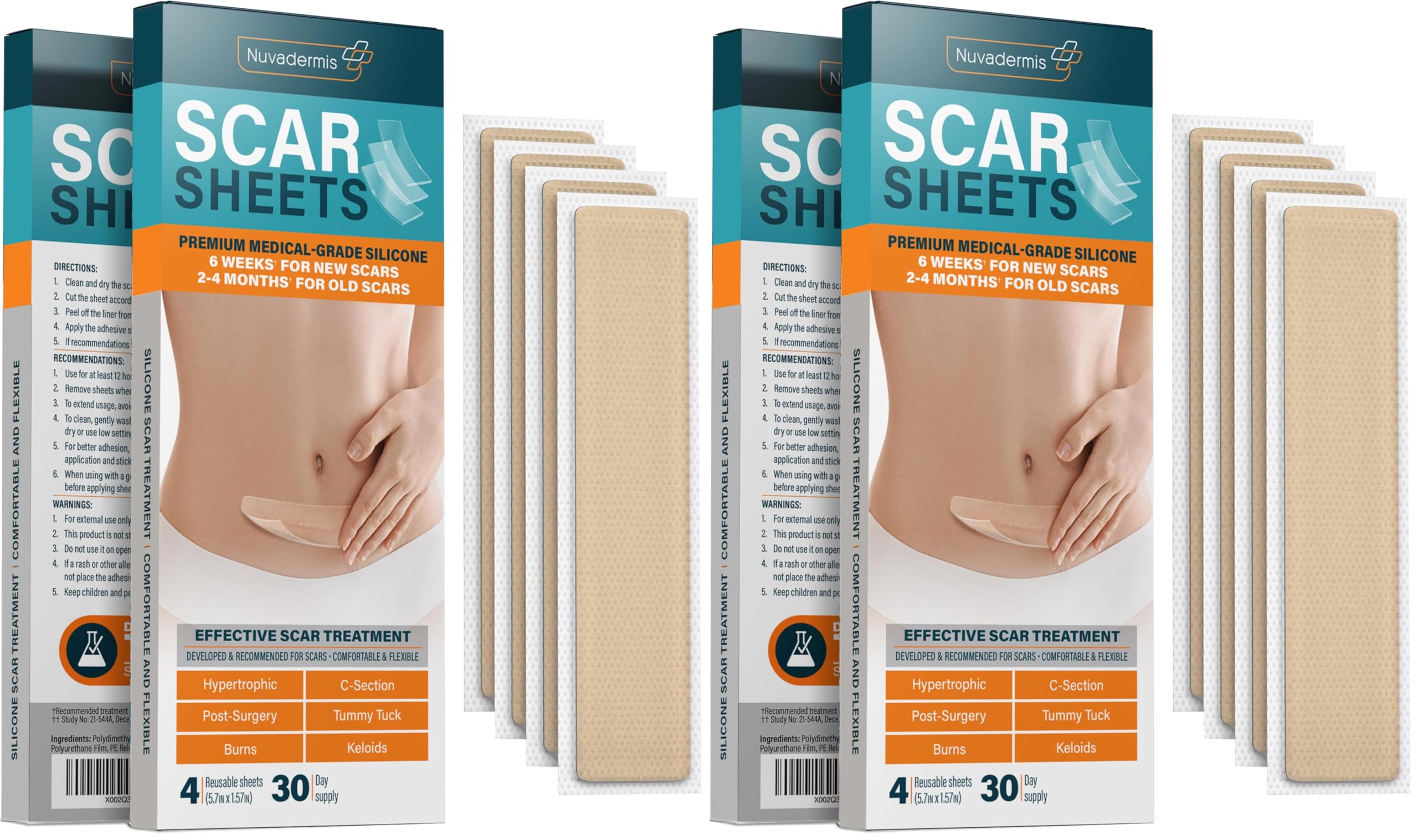 NUVADERMIS Silicone Scar Sheets - Extra Long Scar Sheets for C-Section, Tummy Tuck, Keloid, and Surgical Scars - Reusable Medical Grade Silicone Scar Sheets - Pack of 8 - Light Tone