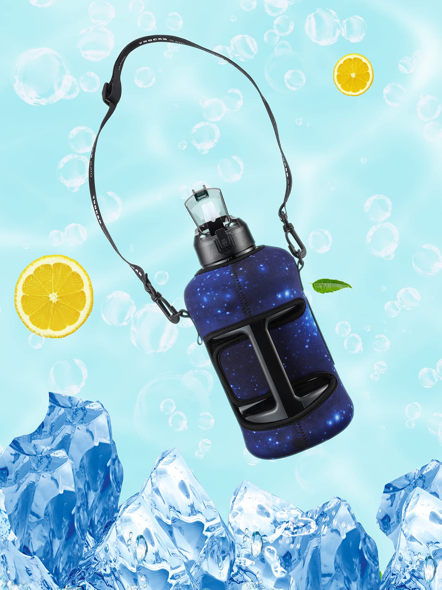 Youcan Plato 1.8 l Wasserflasche mit Hülse, große Wasserflasche - große Wasserflasche mit Strohhalm - Gallonen-Wasserkrug mit Griff und Flaschenbürste, BPA-frei, Trainingsflasche, Schwarz'