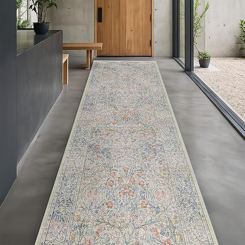 Floral 3x20 Wide Hallway Runner - Beige Blue with Purple Accent, Boho Pastel Decor, Washable Low Pile Non Slip Stain Resistant Rug for Long Kitchen, Hall Way