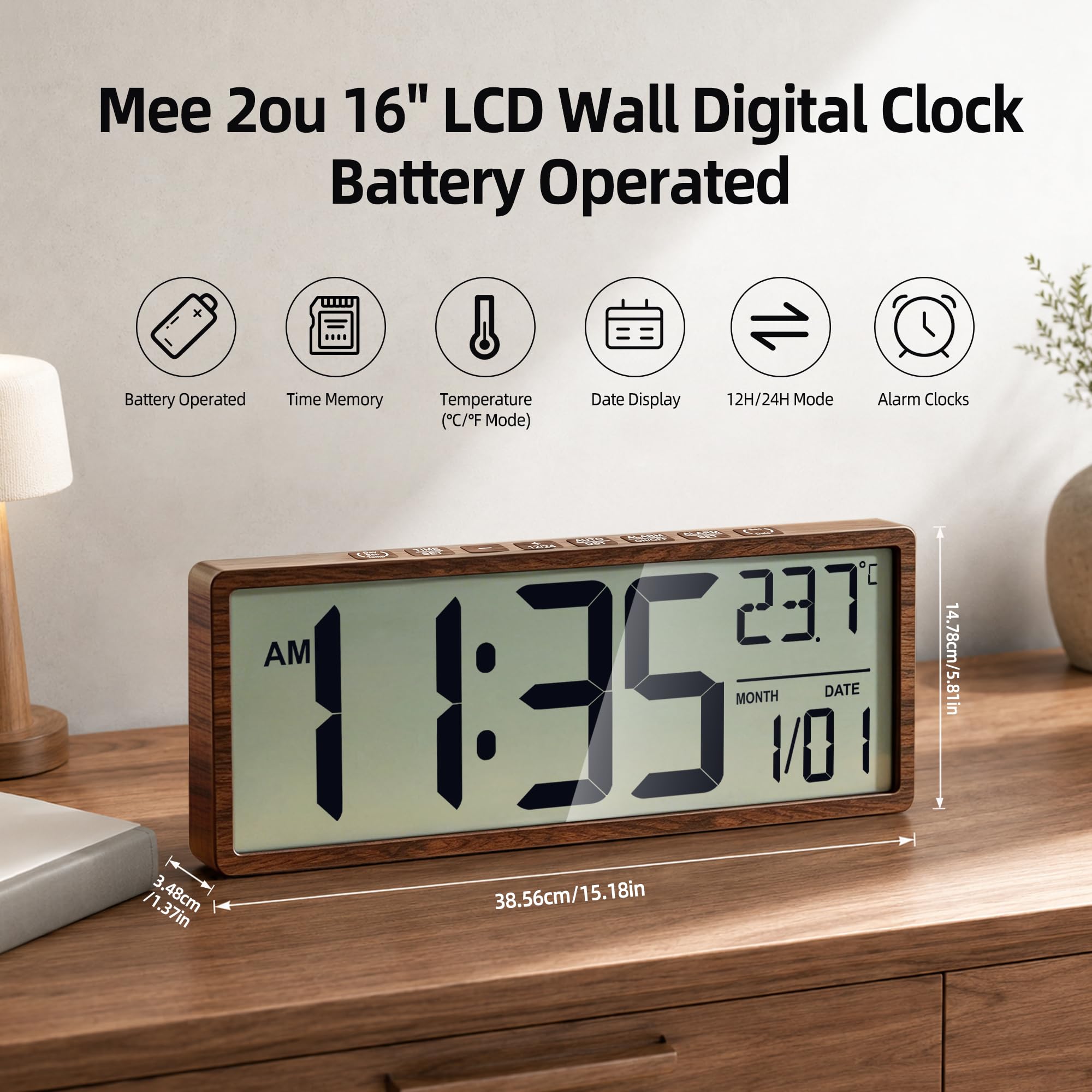 Reloj de Pared Digital 16 Pulgadas LCD a batería con Alarma