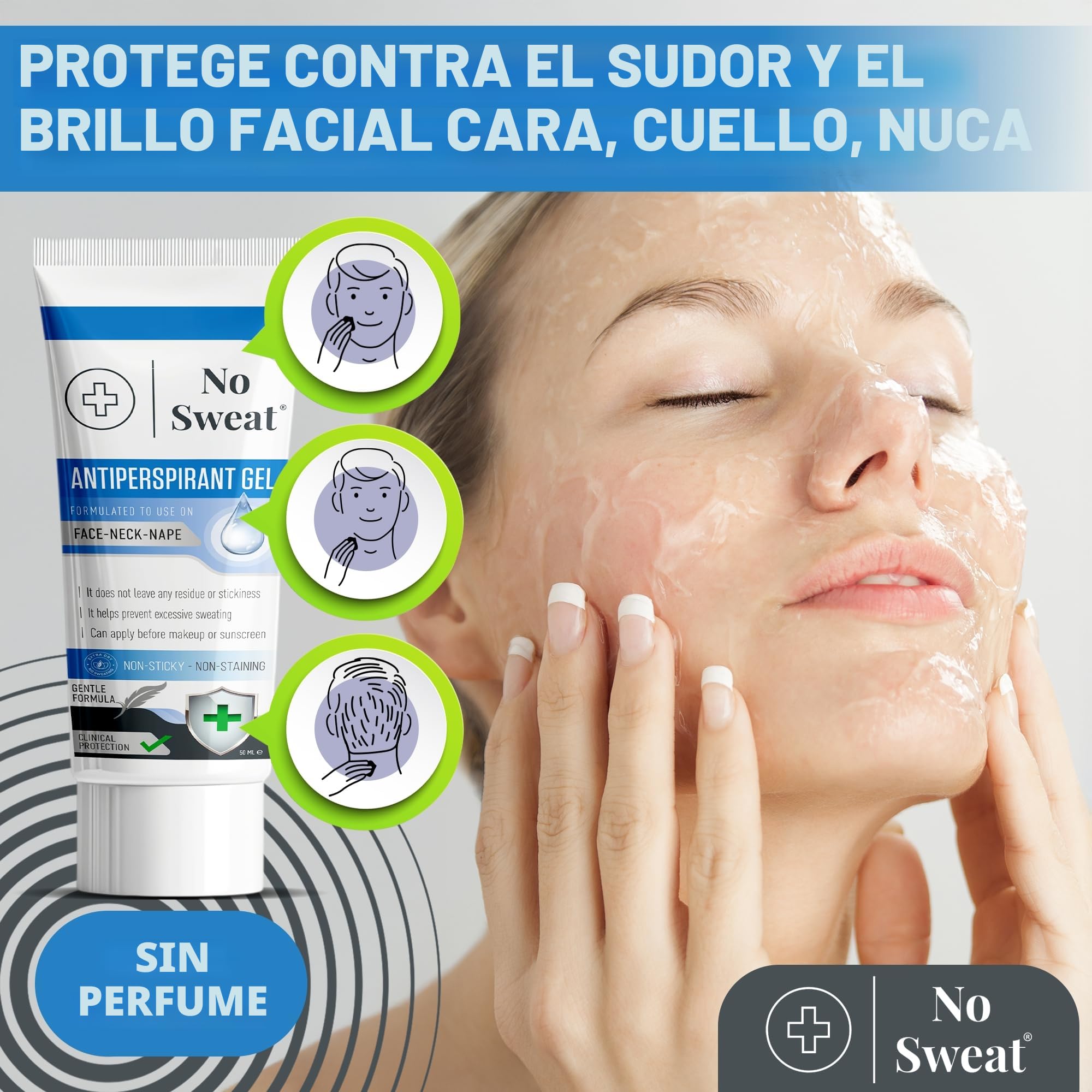 No Sweat Gel antitranspirante facial 50 ml. Para cara, cuello y nuca, ayuda a prevenir el exceso de sudoración y brillo, ideal para trabajo activo y gimnasio