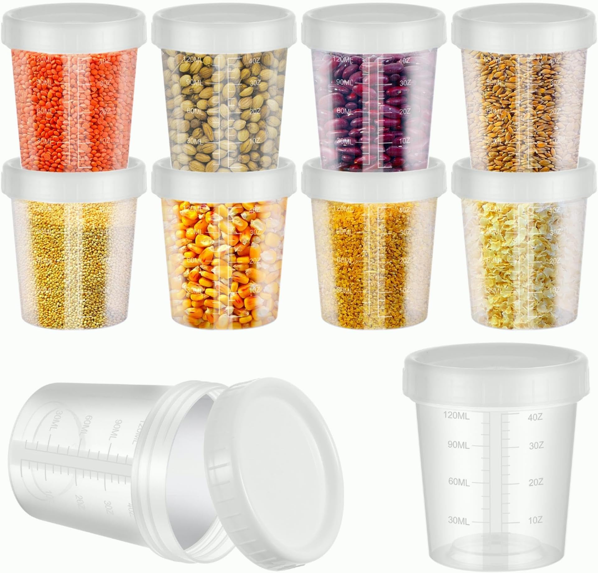 10 Pcs 120ml Small Plastic Containers with Lids, Leakproof Condiment Jars with Measurement Scales - For Sauces, Salad Dressing, Yogurt, Snacks