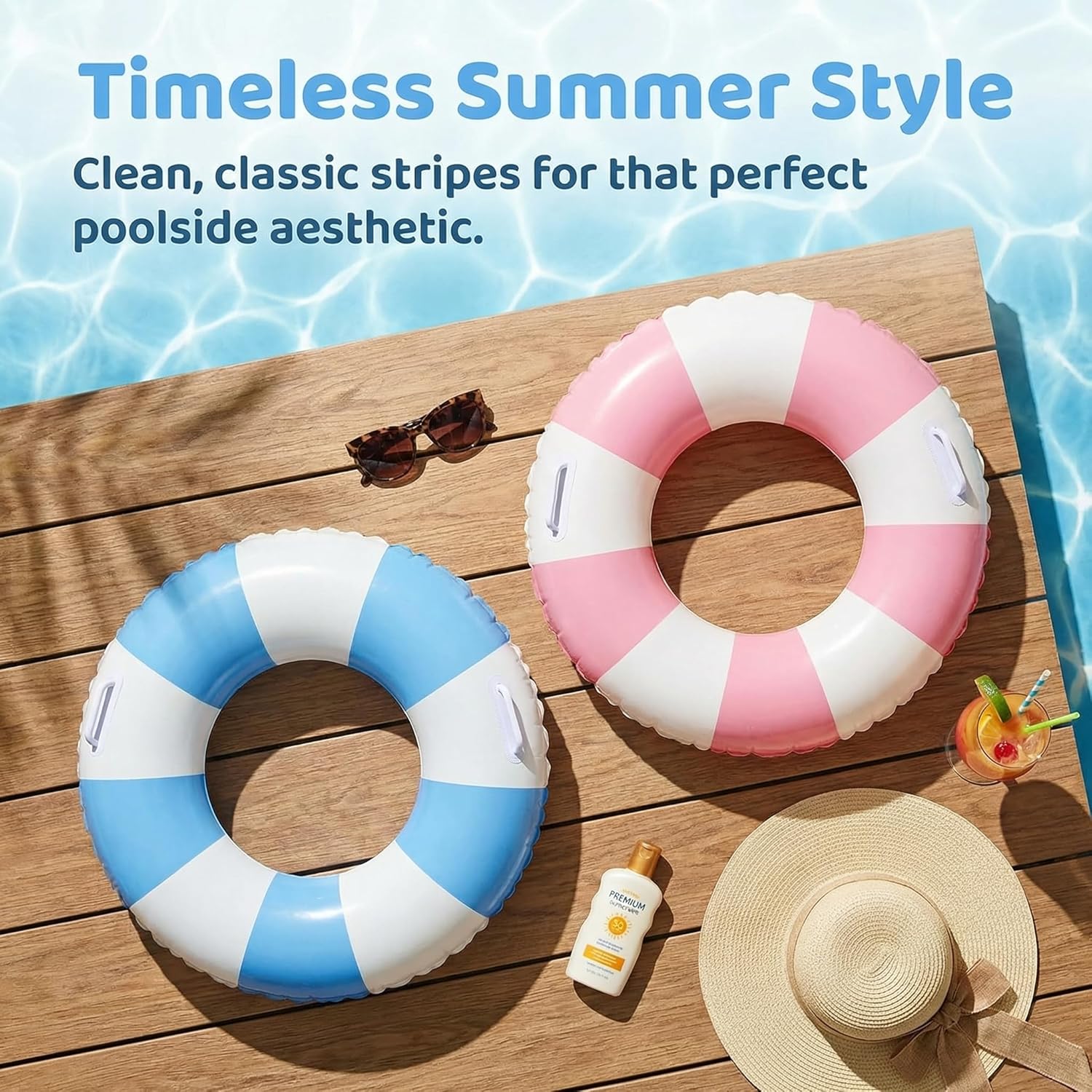 2 Pack Striped Pool Floats for Adults, 35.5" Large Inflatable Swim Tubes with Handles, Thickened PVC Heavy Duty Pool Rings for Beach, Lake, Pool Party, Vacation Floaties Blue White Pink