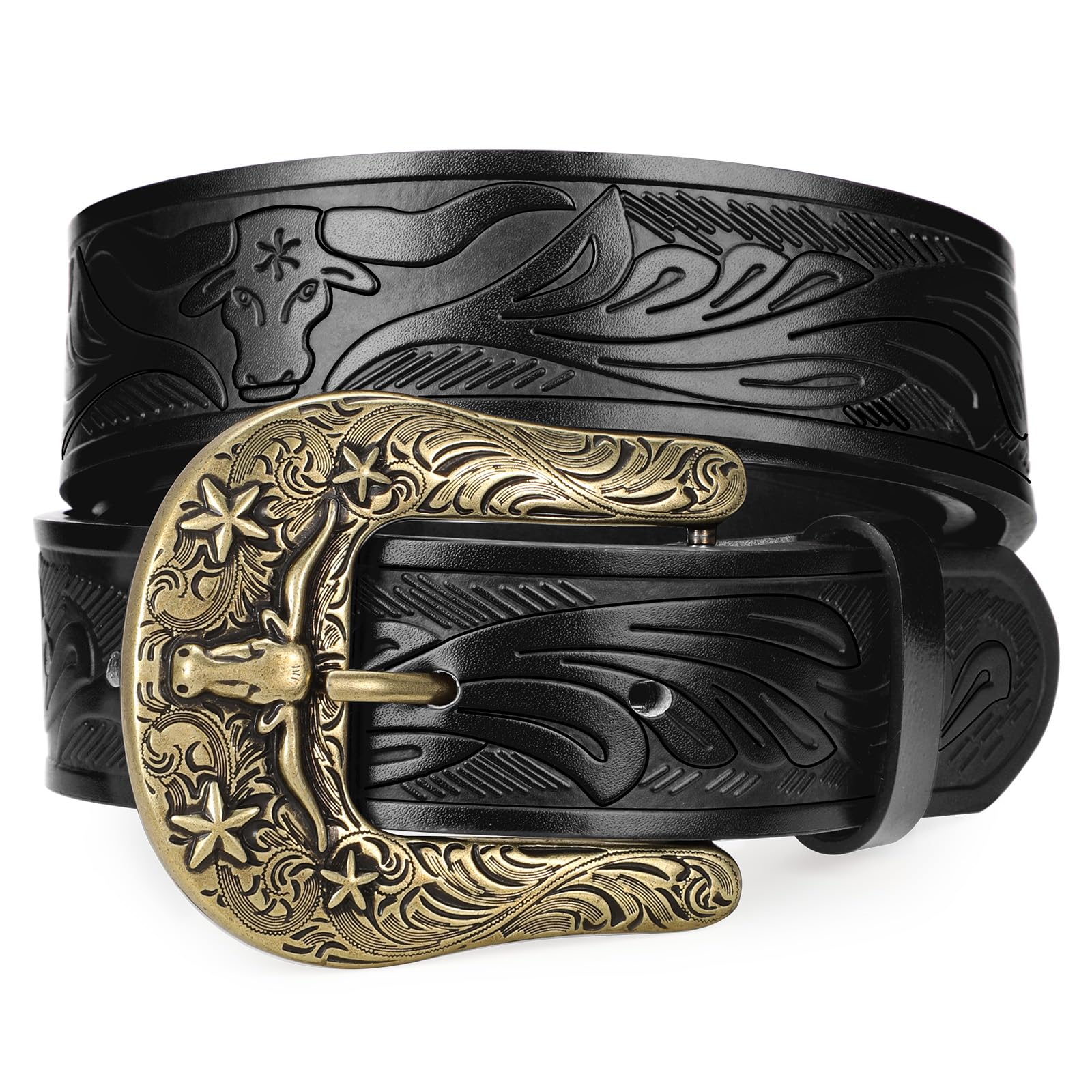 SANSTHS Western Belts for Men Women, Adjustable Mens Cowboy Country Belt for Pants Jeans with Vintage Engraved Leather