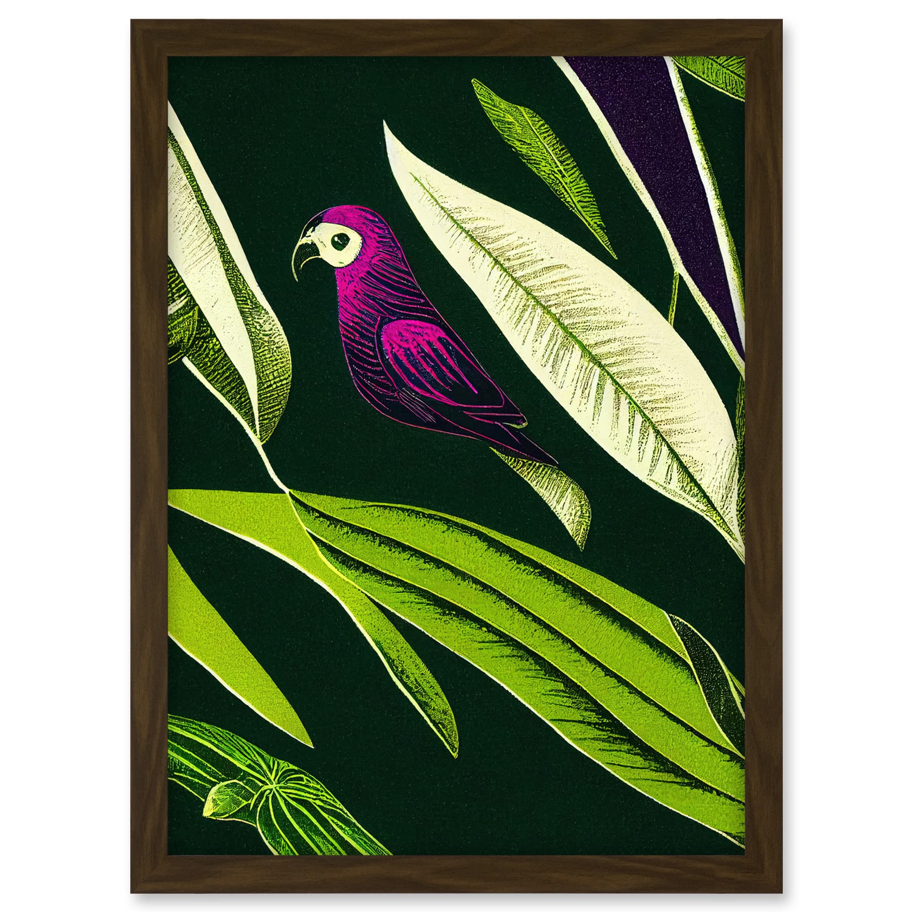 Wee Blue Coo Pink Parrot and Tropical Plant Leaves Vintage Linocut Pattern Detail Artwork Framed A3 Wall Art Print