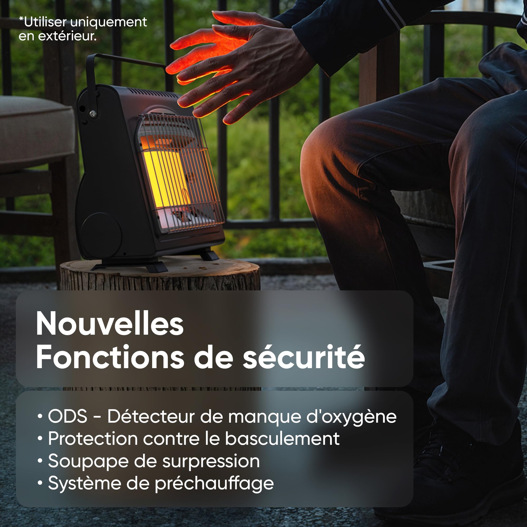 EVOCAMP Chauffage à gaz portable, réchauffeur de camping 1,7 kW, chauffage céramique pour une utilisation en extérieur avec détecteur de manque d’oxygène, avec 4 cartouches de gaz