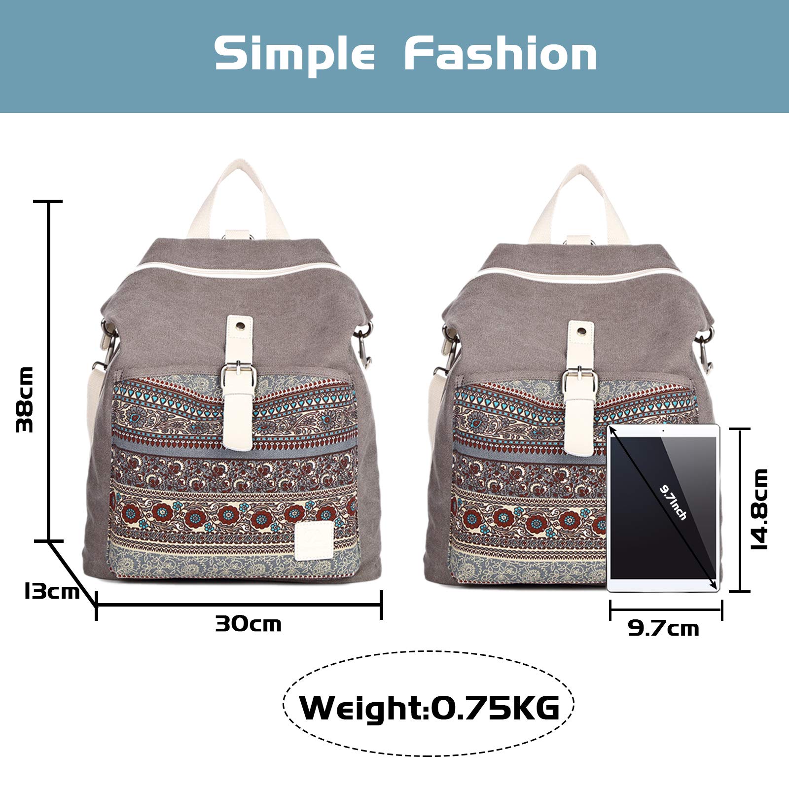 FANDARE Casual Mochila Mujer Bolso de Hombro Niña Bolso Escolar Bolsa Bandolera para Universidad Viajes Compras Citas Backpack Duradero Lona Gris