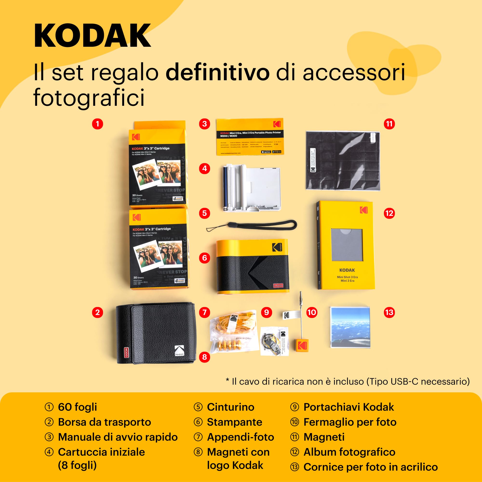 KODAK Mini 3 Era Regalo di Natale 4PASS Stampante Fotografica Portatile (7.6x7.6cm) (Fotografica Portatile + 8 Fogli inclusi + Pacchetto accessori e 60 Fogli, Giallo)