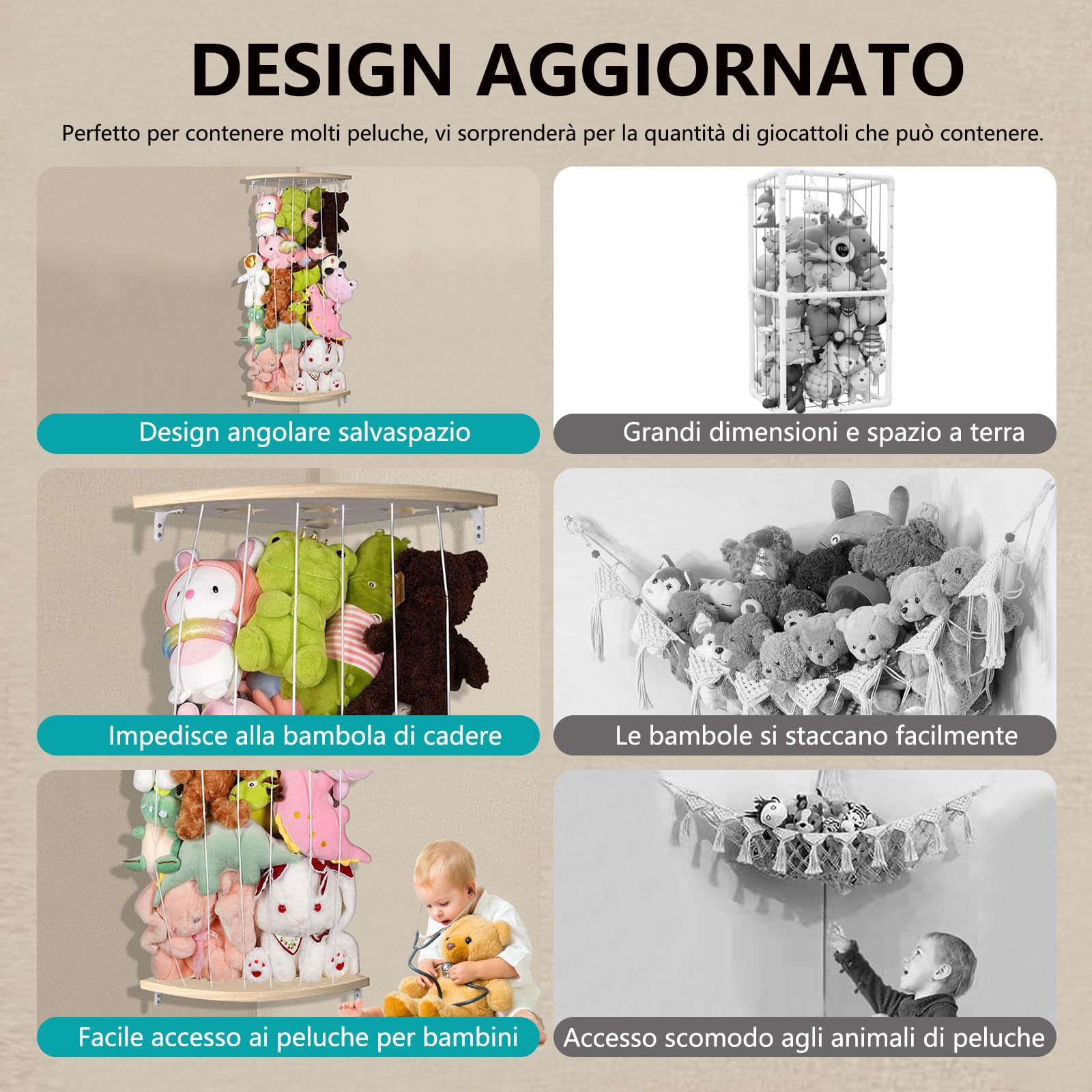 GUIGUZI Organizer per animali di peluche, Organizzatore da appendere alla cameretta dei bambini, Borsa Portaoggetti da Appendere Parete, in legno, per cameretta dei bambini