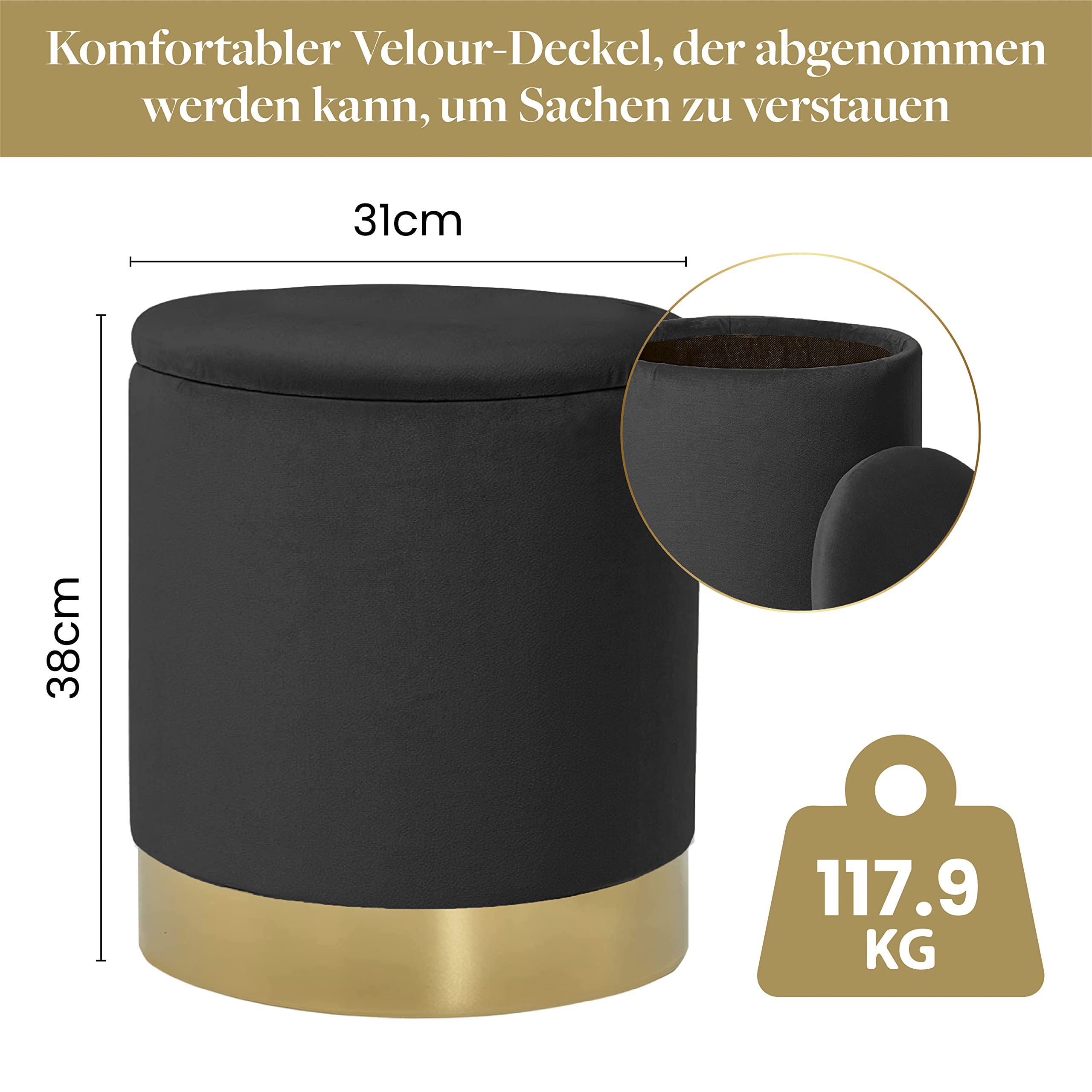 ELYFLAIR® Ronde fluwelen kruk met opbergruimte en gevoerd deksel, poef, voetensteun, stoel, binnen, kaptafel, accessoires, decoratie voor volwassenen
