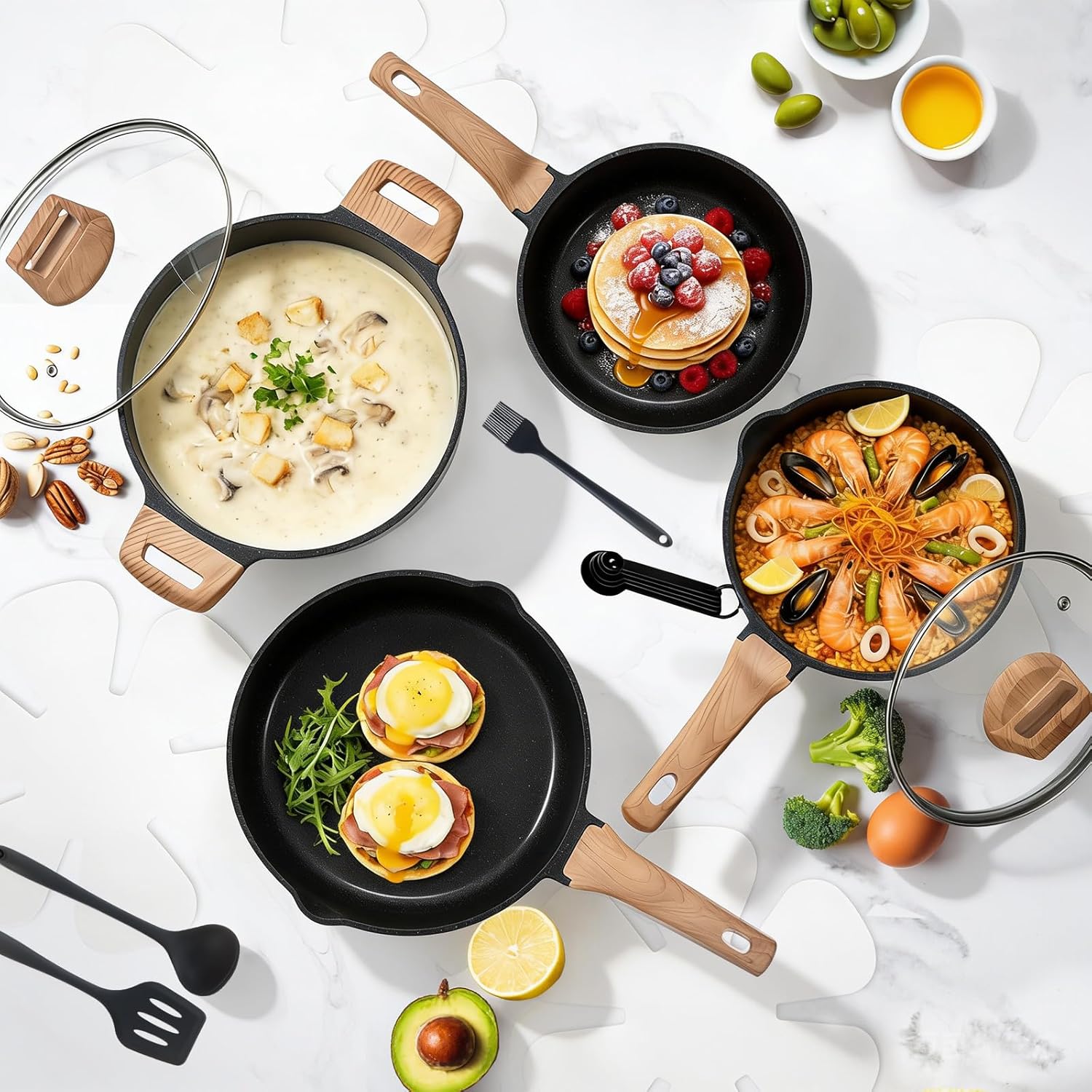 DUMOS 25 Pcs Pots and Pans Set, Nonstick Kitchen Cookware Set, Induction Cooking Sets with Stay-Cool Handles, Deep Black