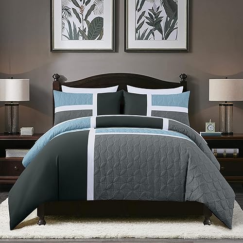 Miniatura 2 de Chezmoi Collection Bernard - Juego de edredón de 7 piezas tamaño King en una bolsa con sábanas, edredón ligero, color gris, azul claro, carbón,