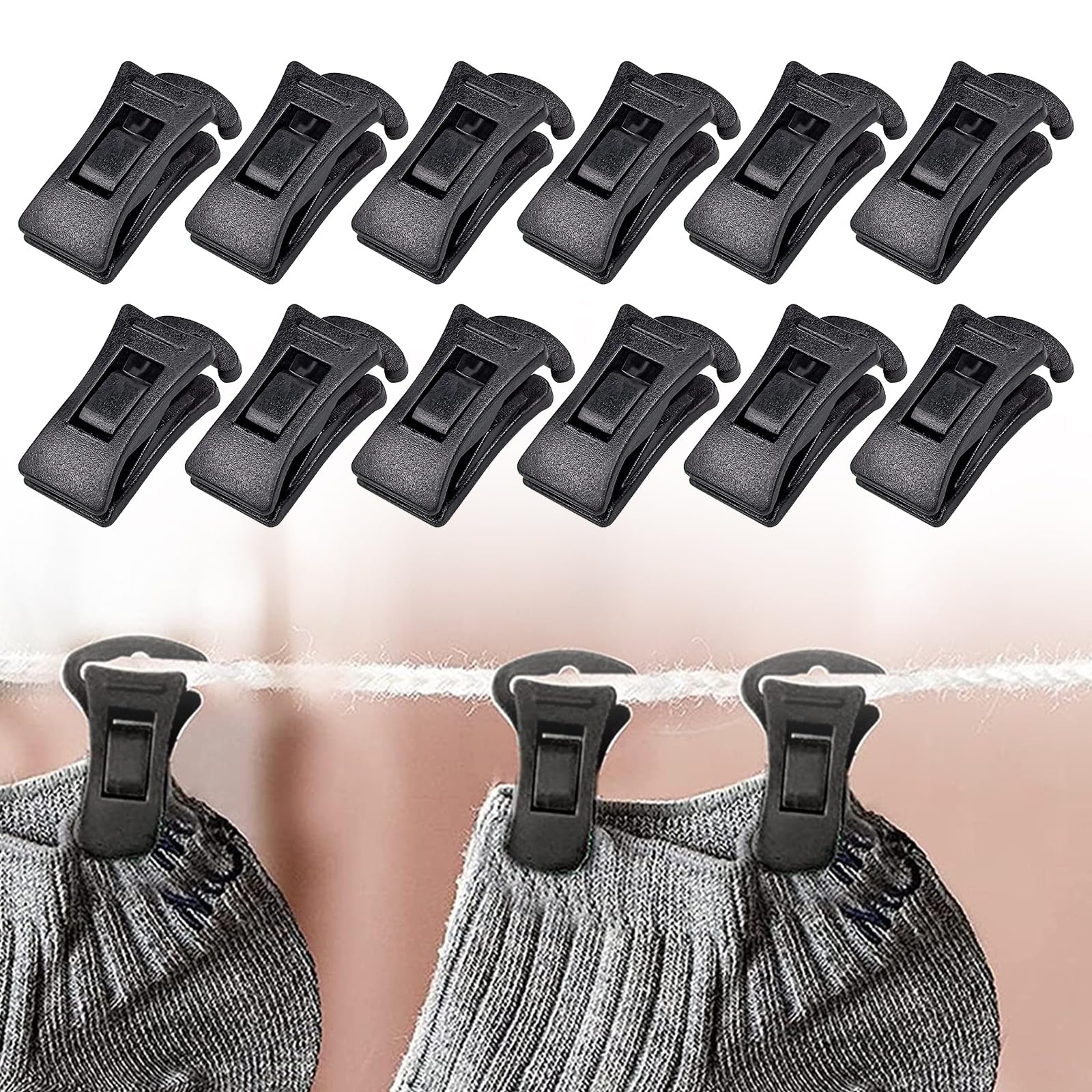 Plastic Clips, Laundry Clips, Sock Clips, A-Hook Clips, Clear Plastic Clips, Multifunctional Laundry Hooks, Sock Clips for Washing Machine and Dryer, Black, Pack of 12