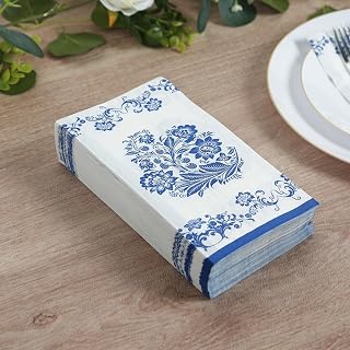 Efavormart 50 Pack 2-Ply Paper Dinner Napkins in White Royal Blue Damask Floral Pattern, Disposable Party Napkins - Highly Absorbent & Soft