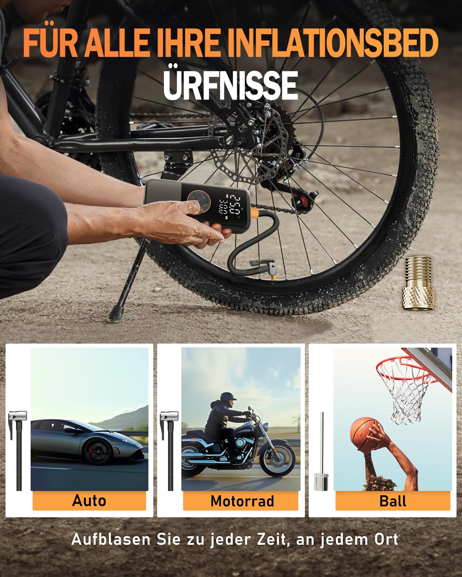 Elektrische Luftpump mit Akku, Tragbar Mini Kompressor mit Manometer & Doppelt-LED-Anzeige, 12V DC Elektrische Fahrradpumpe für Autos, Motorräder, Fahrräder und Bälle