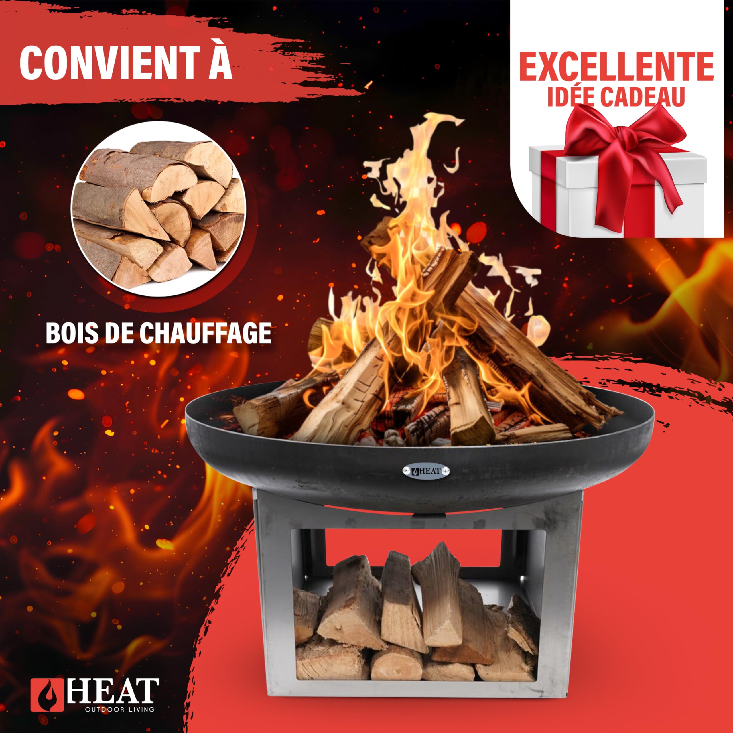 Brasero Fresvik Ø80 cm avec Rangement pour Le Bois - Brasero Barbecue - Brasero pour Jardin - Acier - Noir - 80x80x50 cm