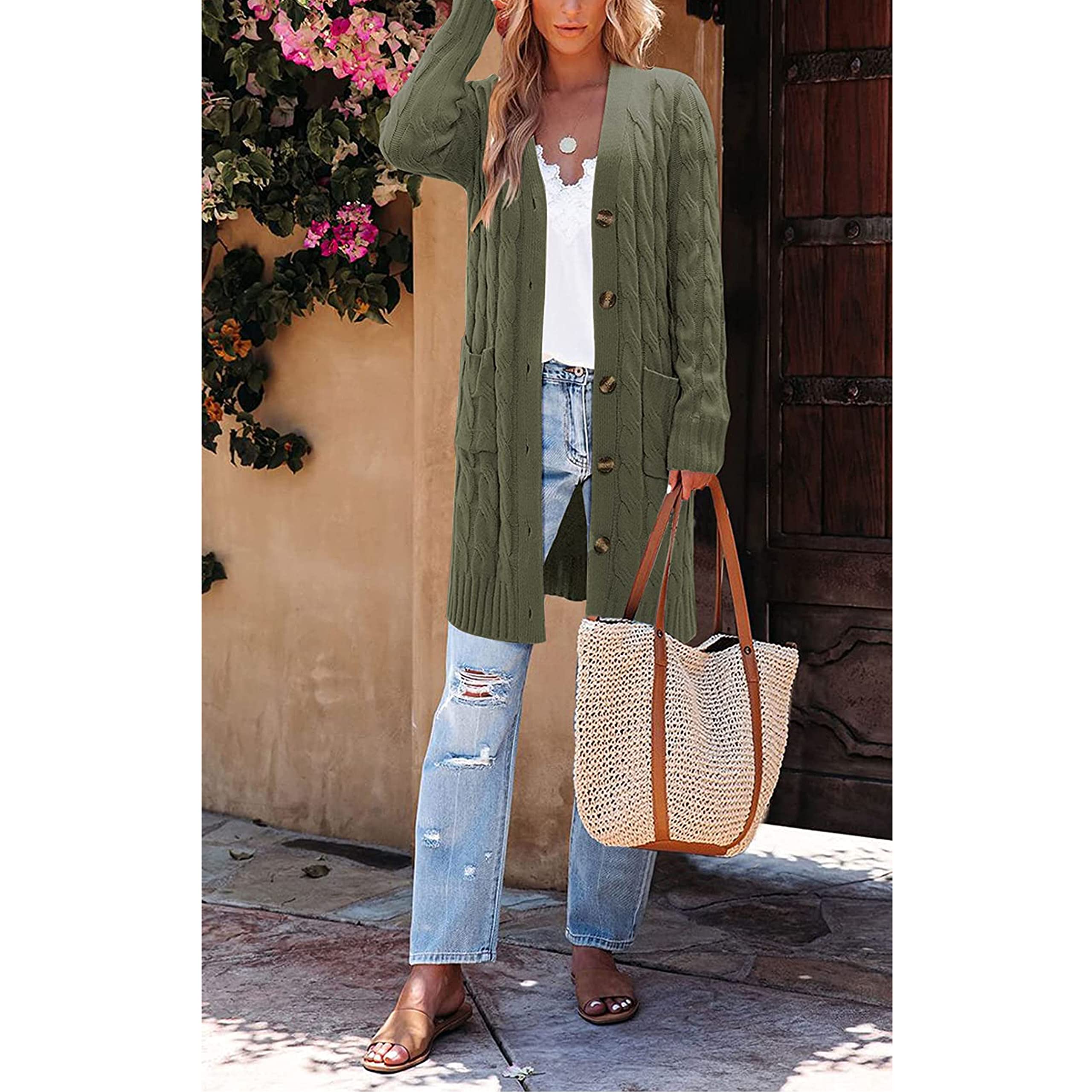kinstell Damen-Strickjacke mit Knöpfen, langärmelig, dick, geflochten, lang, für Freund, Opa, Braun