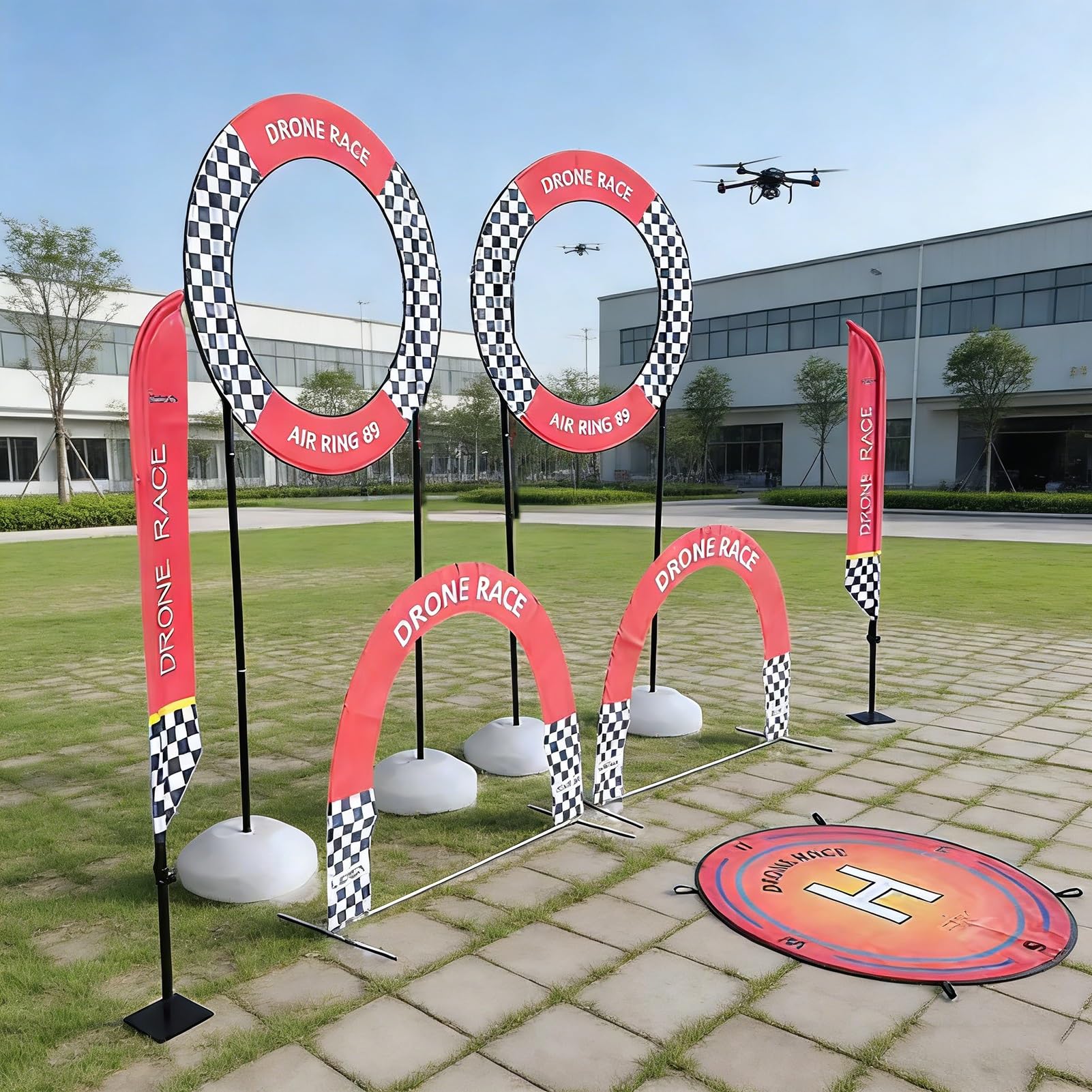 Drone Racing Gate Professionelles FPV Drohnen Renn Tor Set, RC Hubschrauber Übungsstrecken, Renn Luft Ringe + Bogen Hindernisse + Banner Flaggen + Landeplatz(Style a)