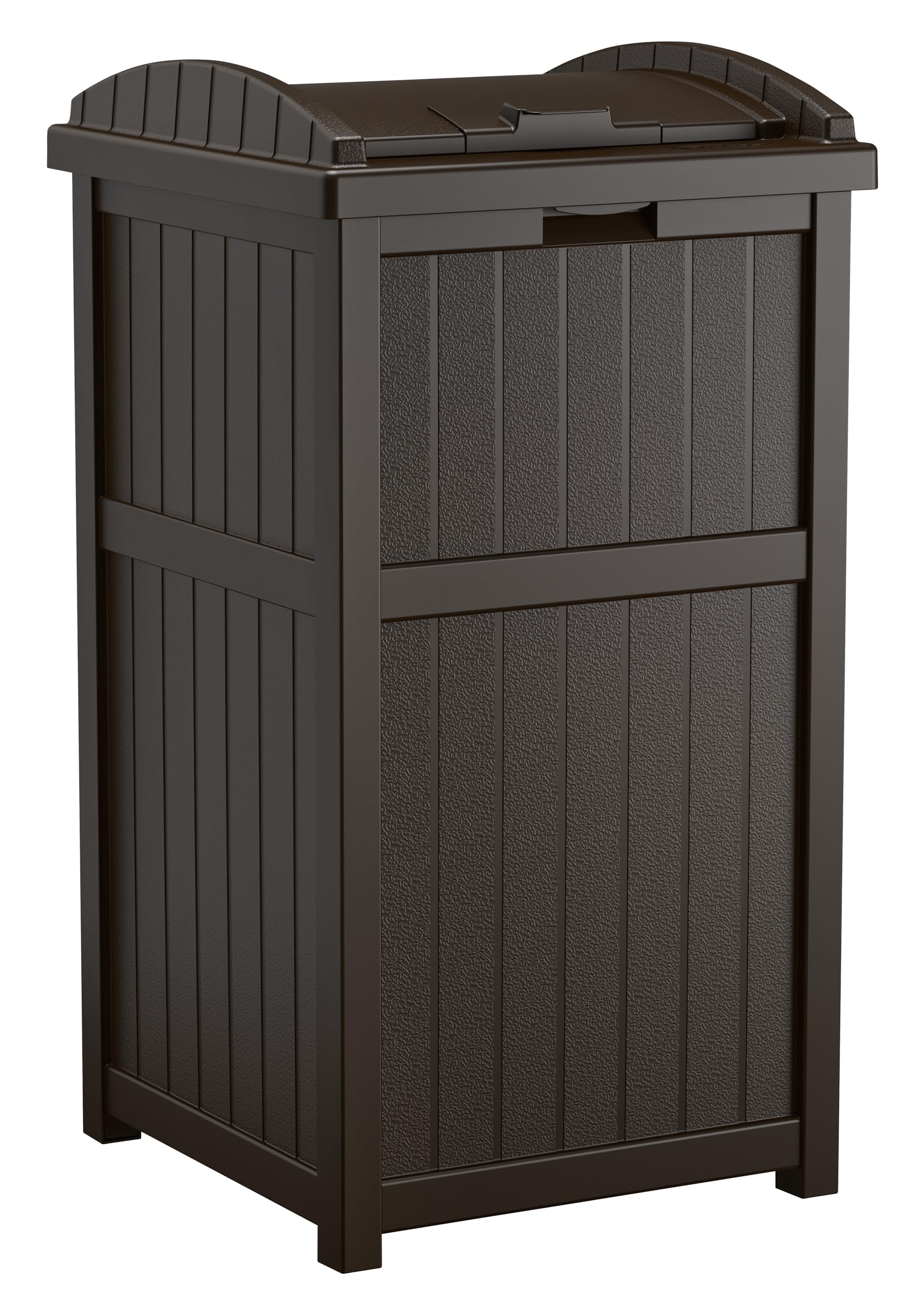 Suncast 33 Gallon Durable Plastic Hideaway Outdoor Garbage Can with Secure Lid and Wicker Design for Home Backyards, Decks, or Patios, Java Brown
