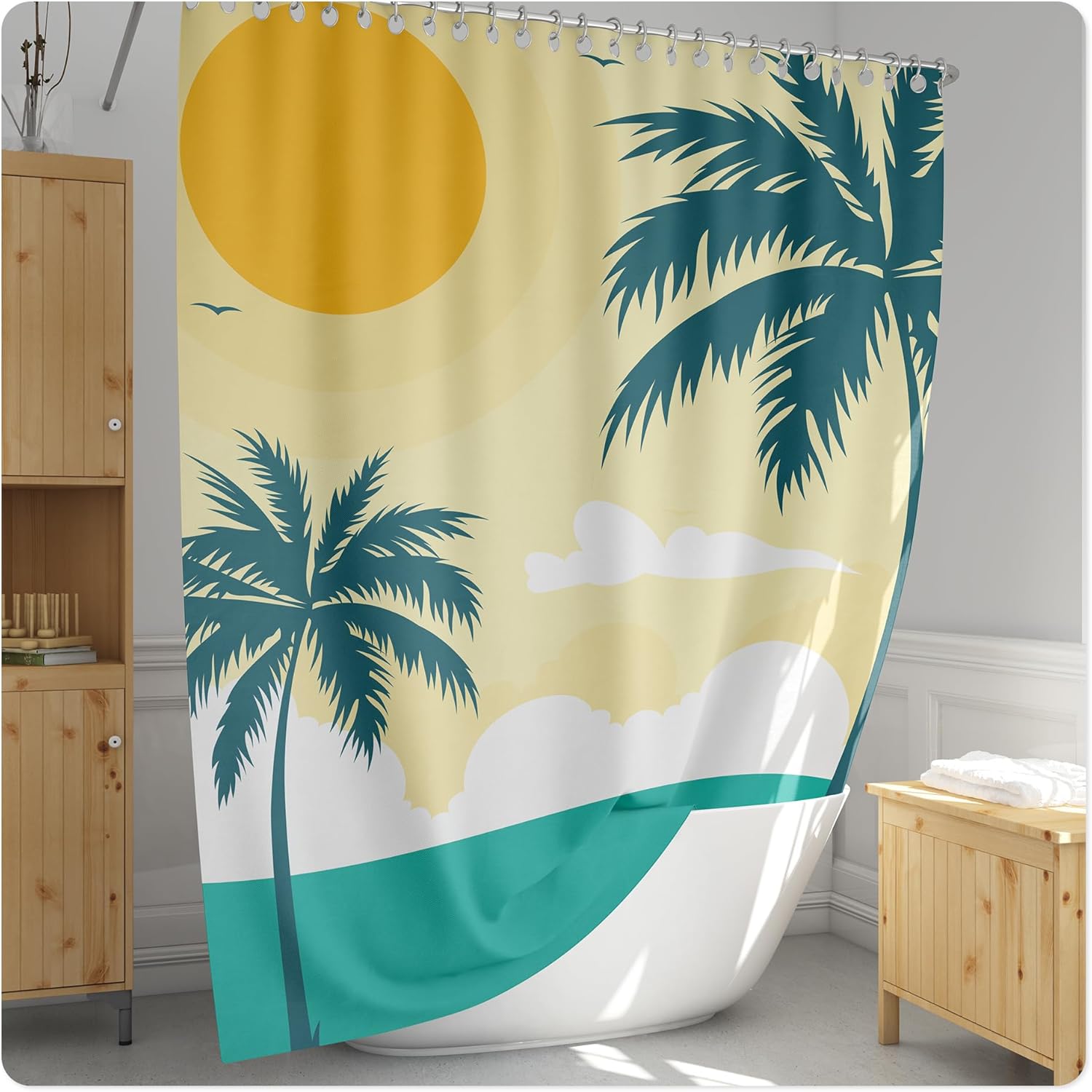 Shower Curtain with 12 Stainless Steel Hooks - Waterproof and Washable - Premium Shower Curtain Liner for Bathroom - Beach Coconut Tree Hawaiian Decoration - 72W x 72H