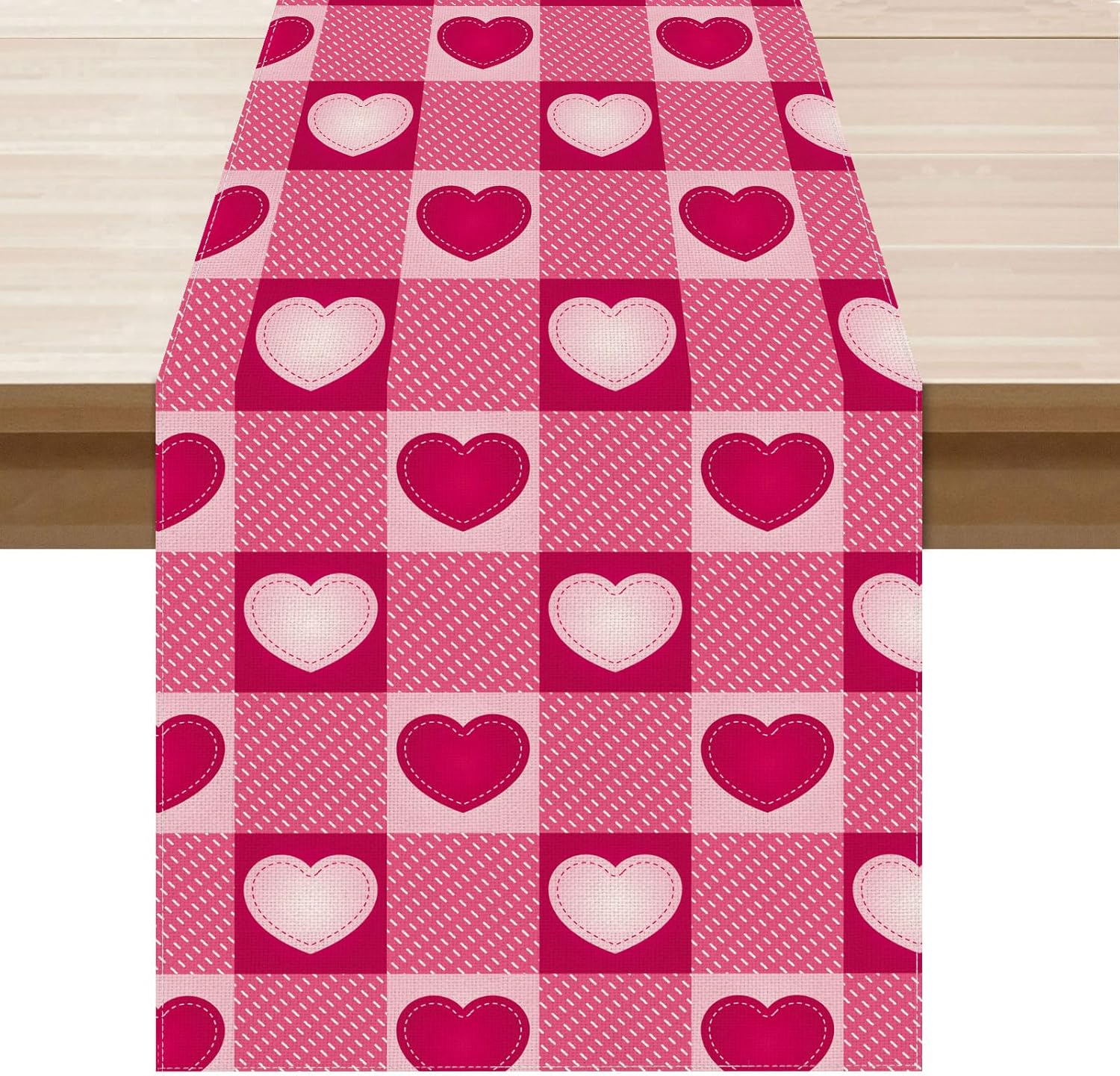 Valentine’s Day Pink White Plaid Love Hearts Cloth Table Runner Burlap Table Decoration for Home Kitchen Dining Dinner Indoor Holiday Farmhouse Decor 13x90 Inch 90" x 13" (Table Runner 13x90)