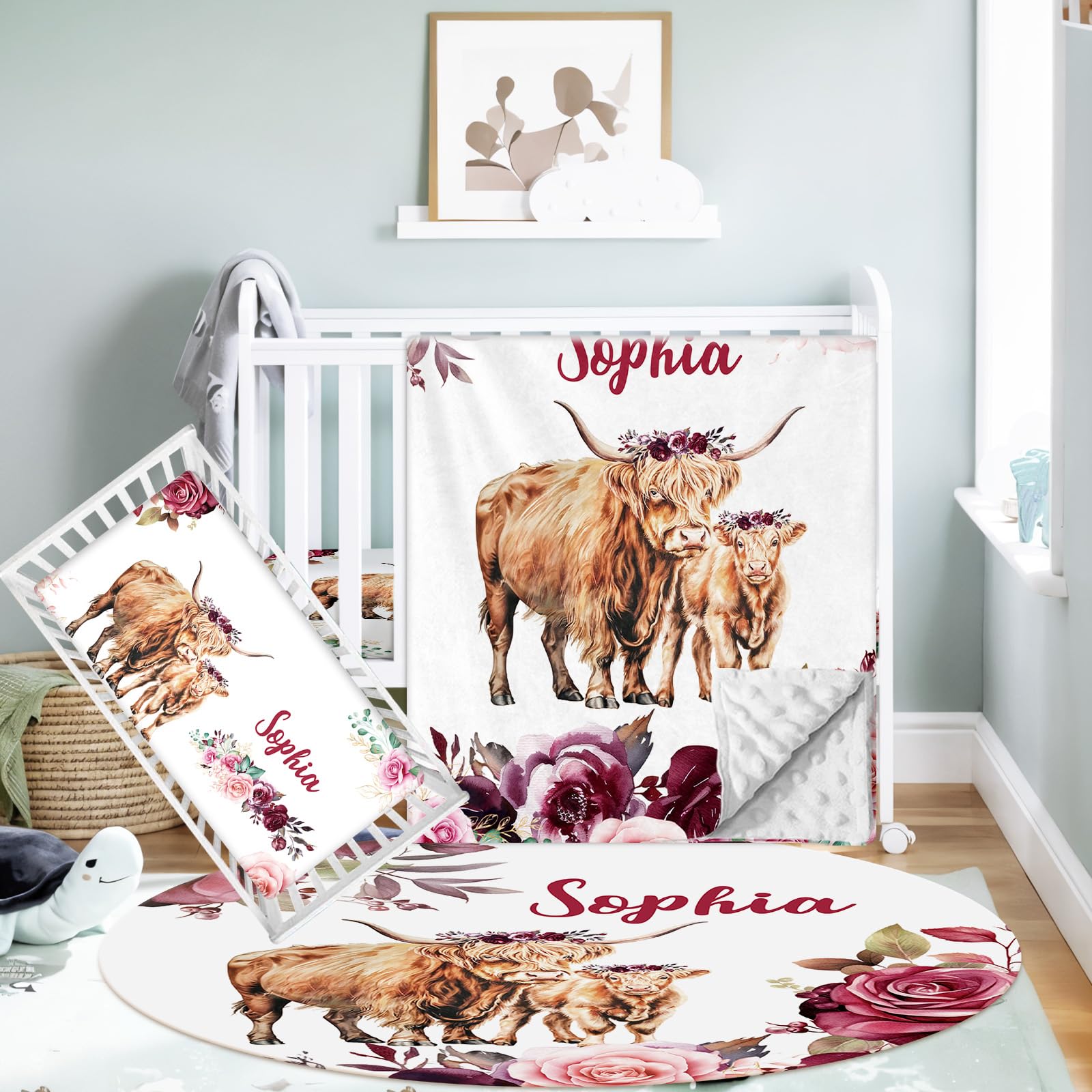 Hatchaa Personalized Baby Crib Set, 3 Pcs Custom Name Baby Boy Crib Bedding, Highland Cow Theme Crib Bedding Set, Double Layer Flannel Baby Blanket Set, Infant Toddler and New Parents Customized Gifts