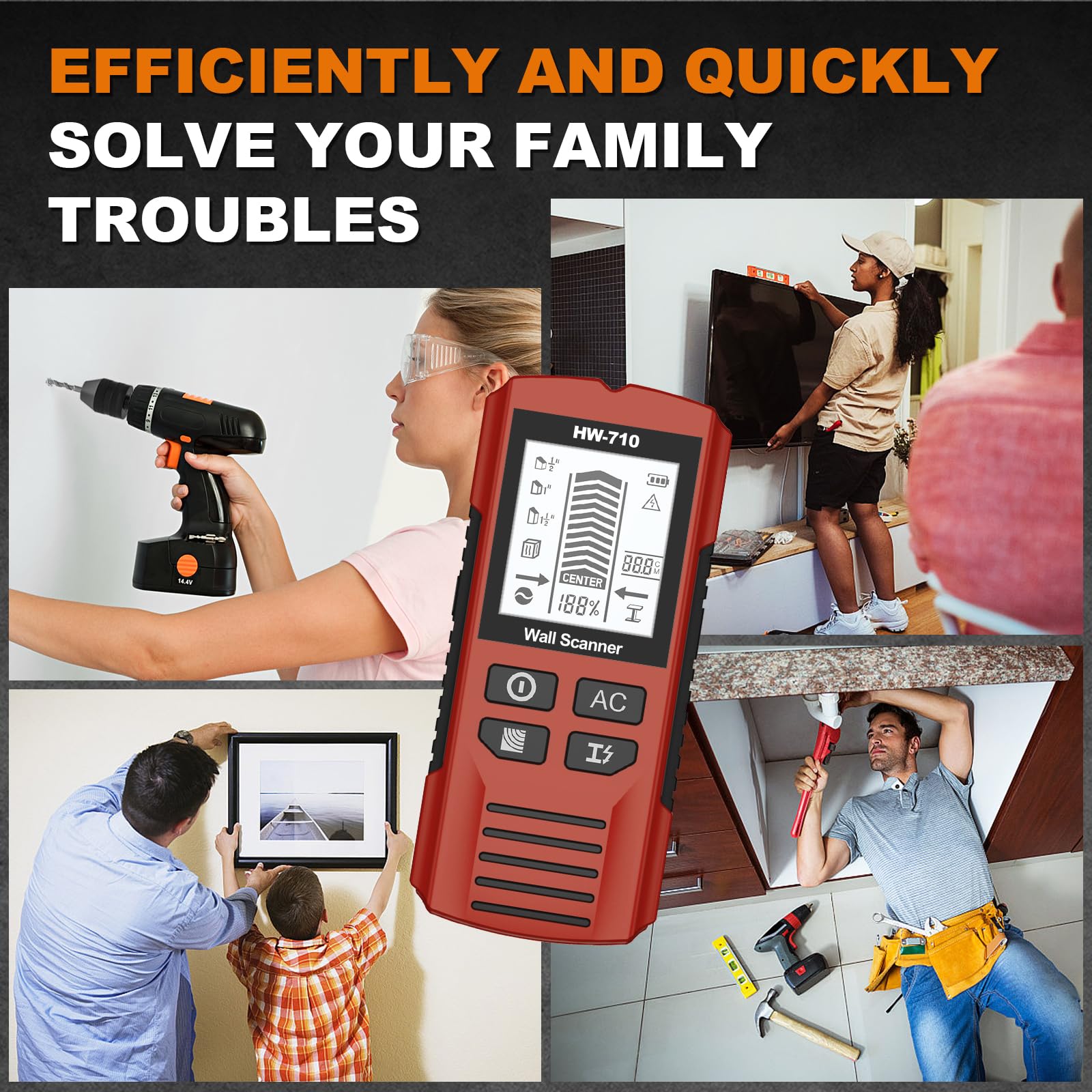 Detector de Pared 5 en 1, Escáner de Pared Multifuncional con Pantalla LCD y Advertencia de Sonido, Portable Detector Cables y Tuberias, Detector de Pared, Handheld Metal & Wall Detector para Líneas