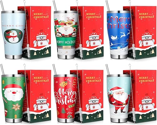 Mifoci 6 vasos de Navidad de acero inoxidable de 30 onzas, taza de café de viaje de Navidad, vaso con doble aislamiento al vacío con tapa, popote
