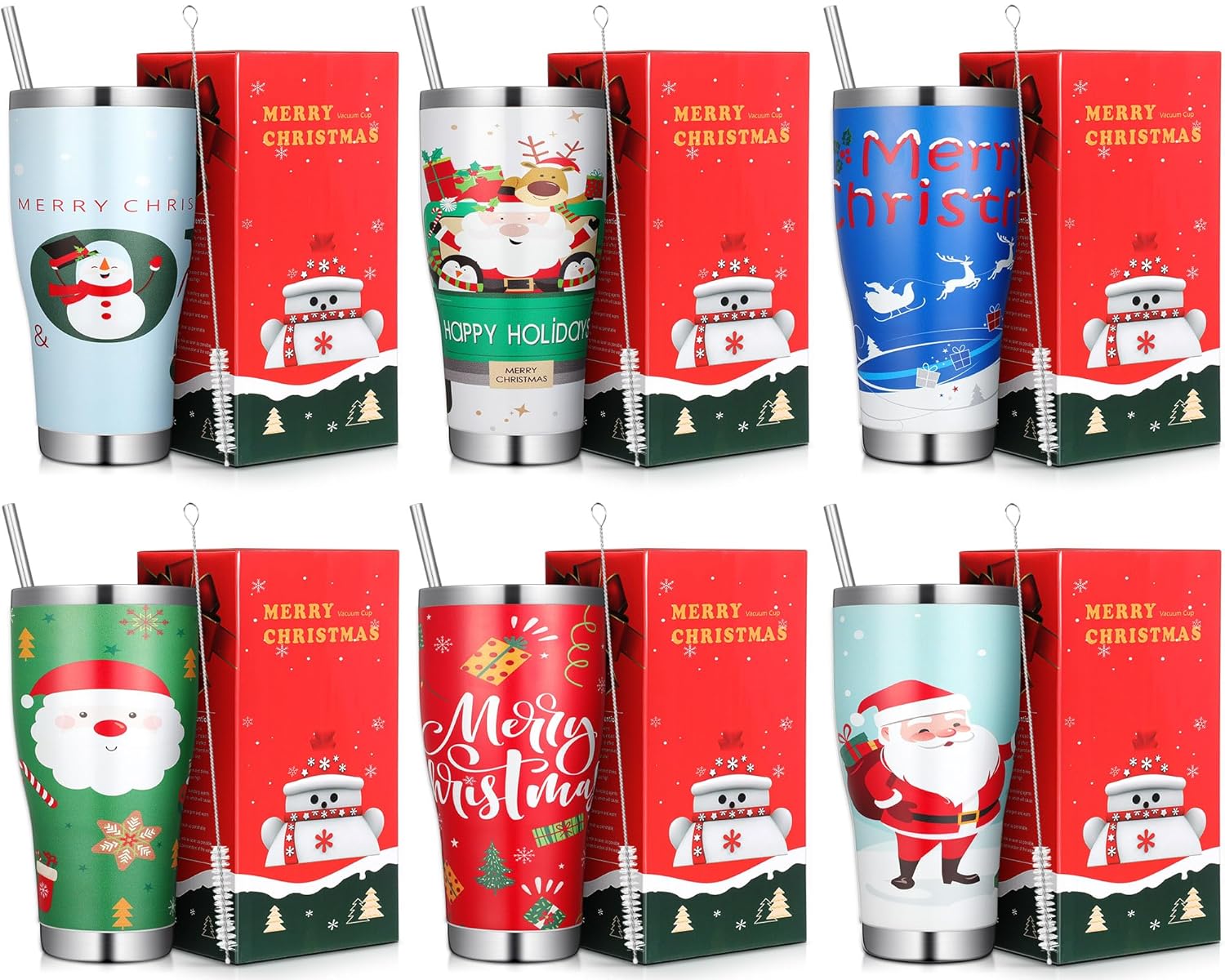 Mifoci 6 Pcs Christmas Tumblers 30oz Stainless Steel Christmas Travel Coffee Cup Double Insulated Vacuum Tumbler with Lid Straw Santa Claus Holiday Mug Gifts for Coworker Team Teacher (Cute)