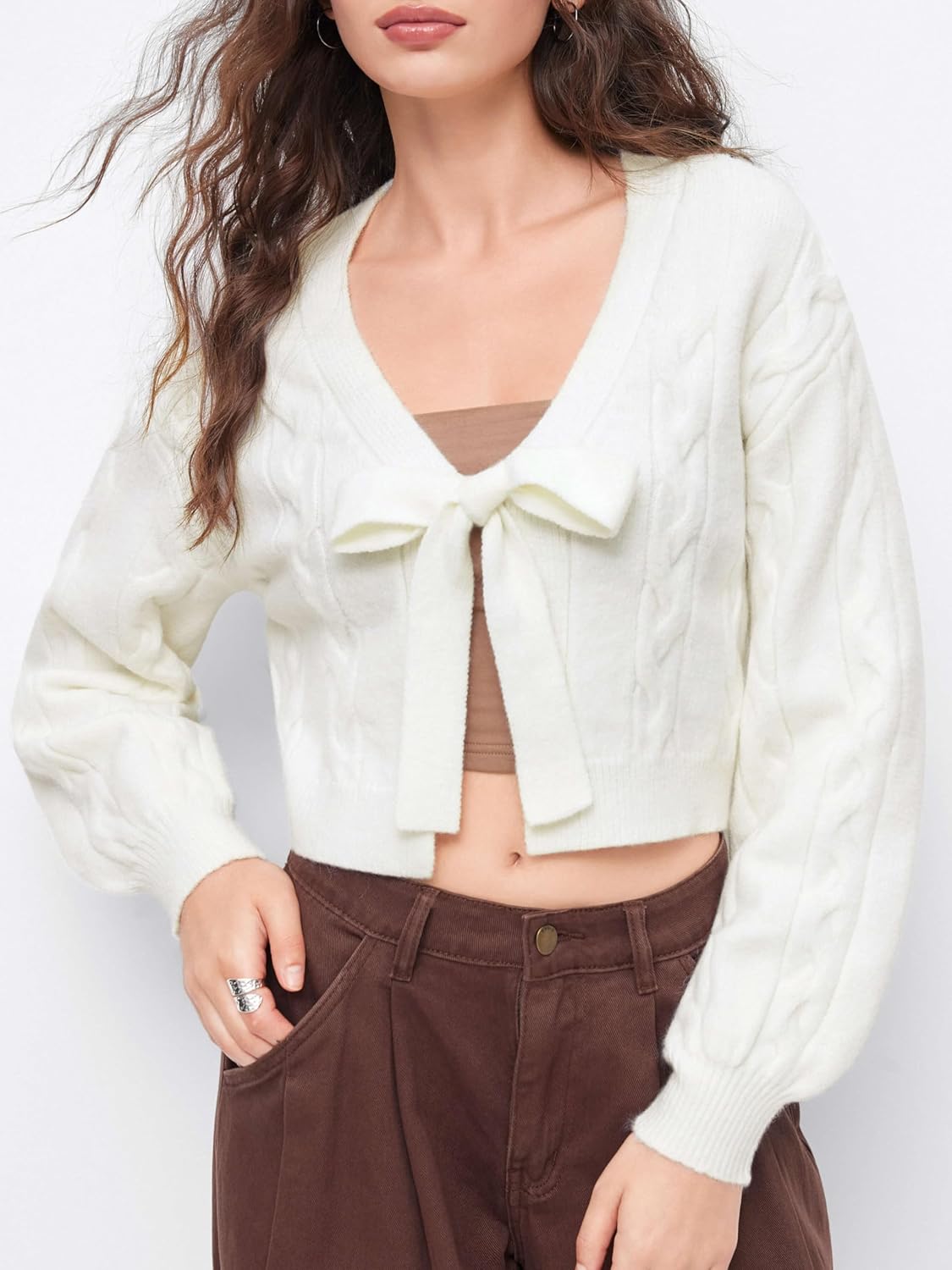 CIDER Womens Crop Tie Front Cardigan V Neck Bow Sweaters Cute Cozy Trendy Fall Outfits - Image 4